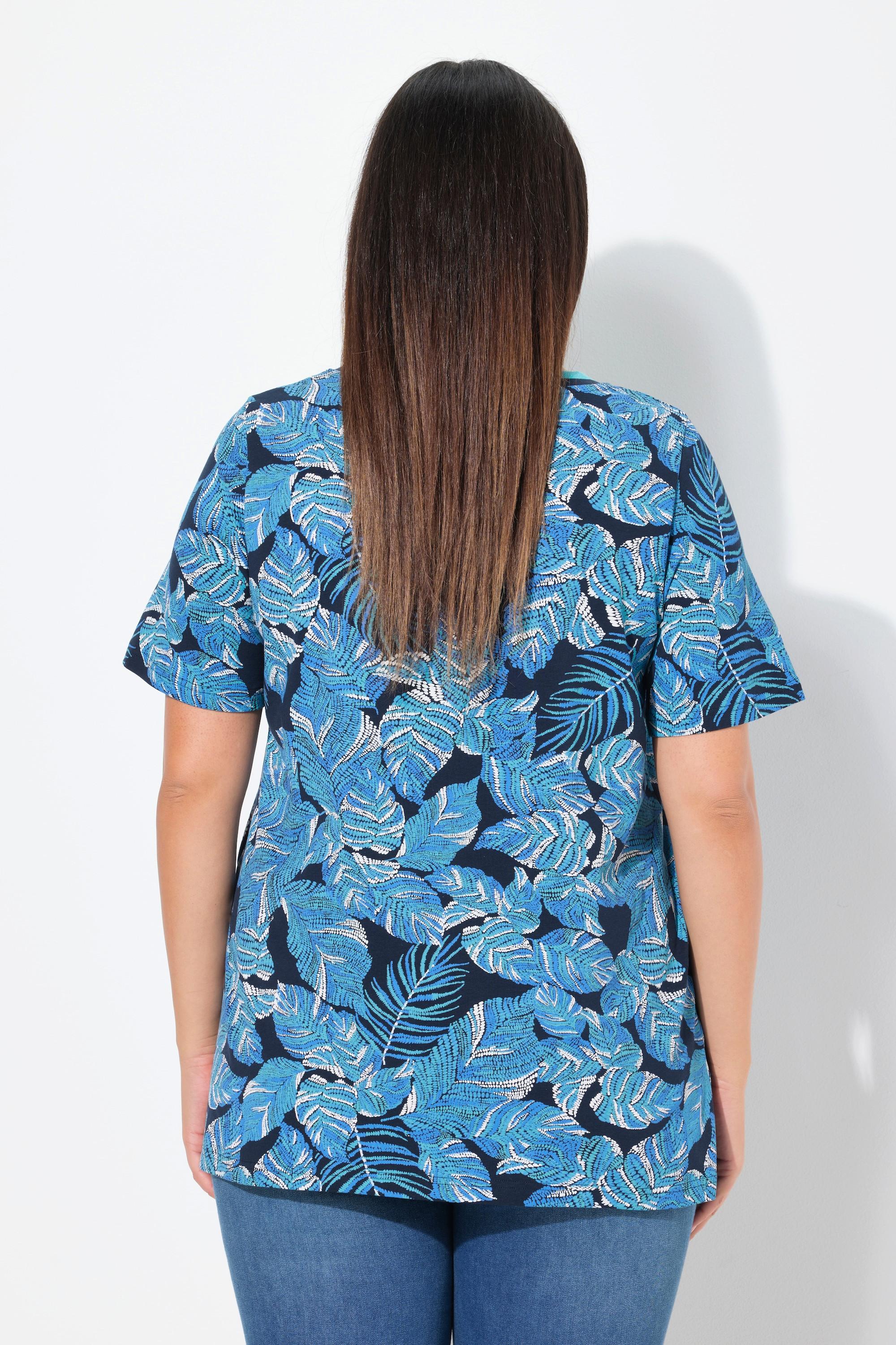 Ulla Popken Blätter A-Linie V-Ausschnitt Flügel-Halbarm T-Shirt