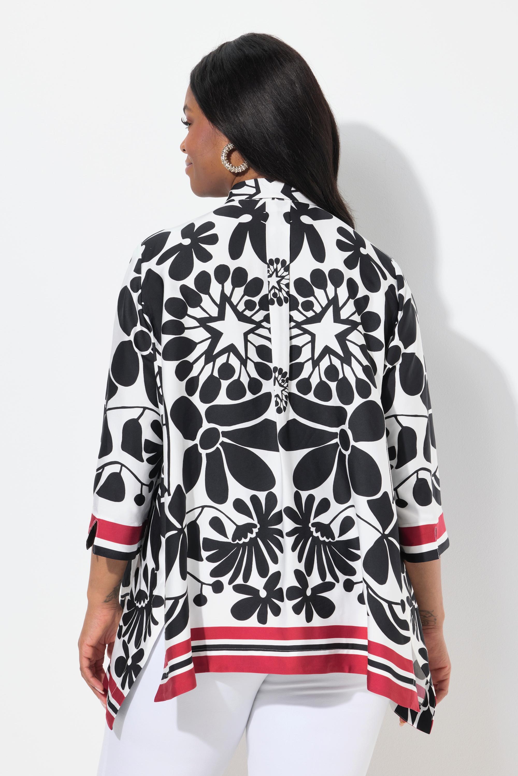 Ulla Popken Satinbluse, Blüten-Design, Zipfelsaum, 3/4-Arm