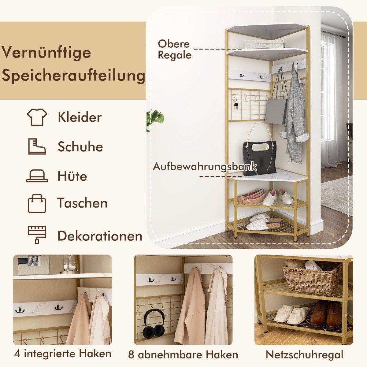 Northix Eck Garderobenständer mit Schuhbank & 12 Metallhaken Freistehender Kleiderständer Weiß