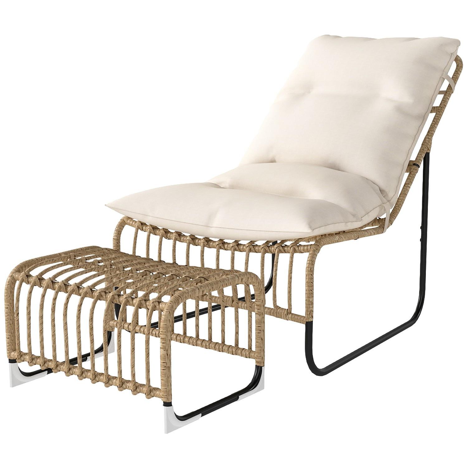 Northio Rattan Relaxsessel mit Fußhocker UV-beständig Gartensessel mit Kissen Bänder Outdoor Rattanstuhl Gartenstuhl für Garten, Balkon, Terrasse Naturholz Aosom