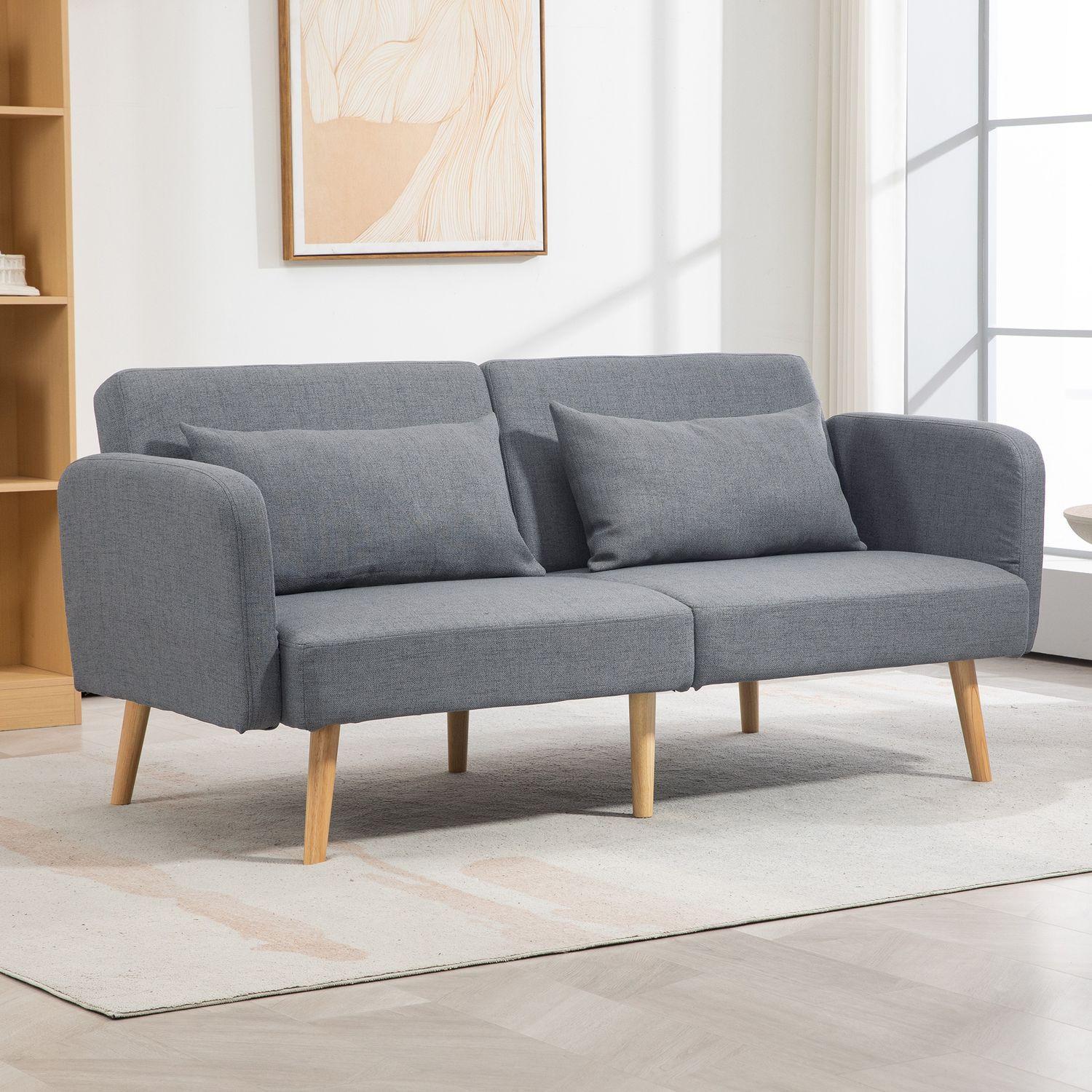 Northio 3er Sofa mit Schlaffunktion, 170x83x80cm, mit 3-stufig verstellbarer Rückenlehne und Füße, Wellenfedern, Wurfkissen, Leinenoptik, Grau