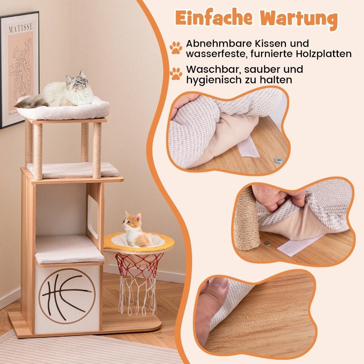 Northio Kratzbaum aus Holz 120 cm großer Kletterturm mit Sportthema mit 2-stöckigem Katzenhaus Natur