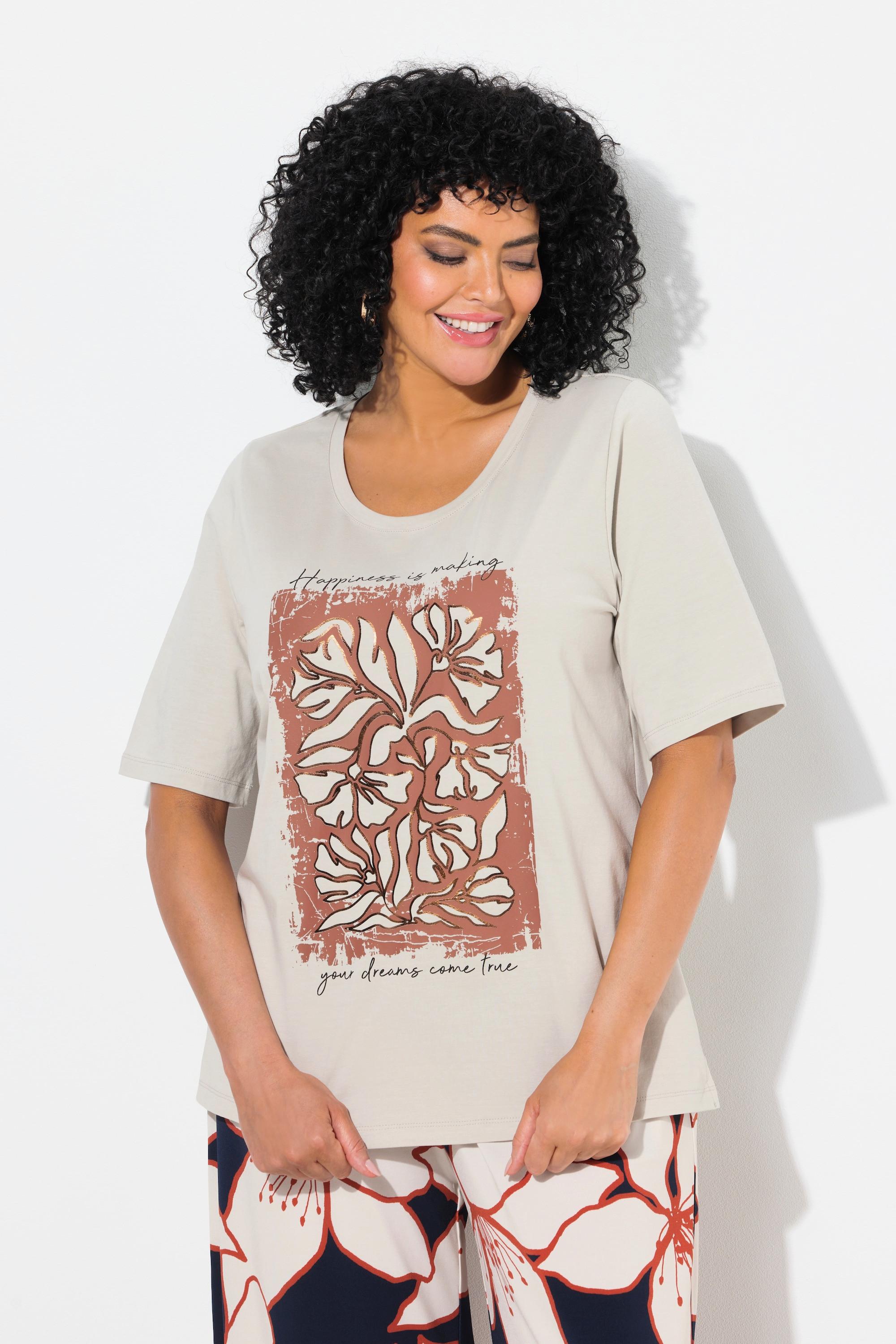 Ulla Popken Metallic Blumen Rundhals Halbarm T-Shirt