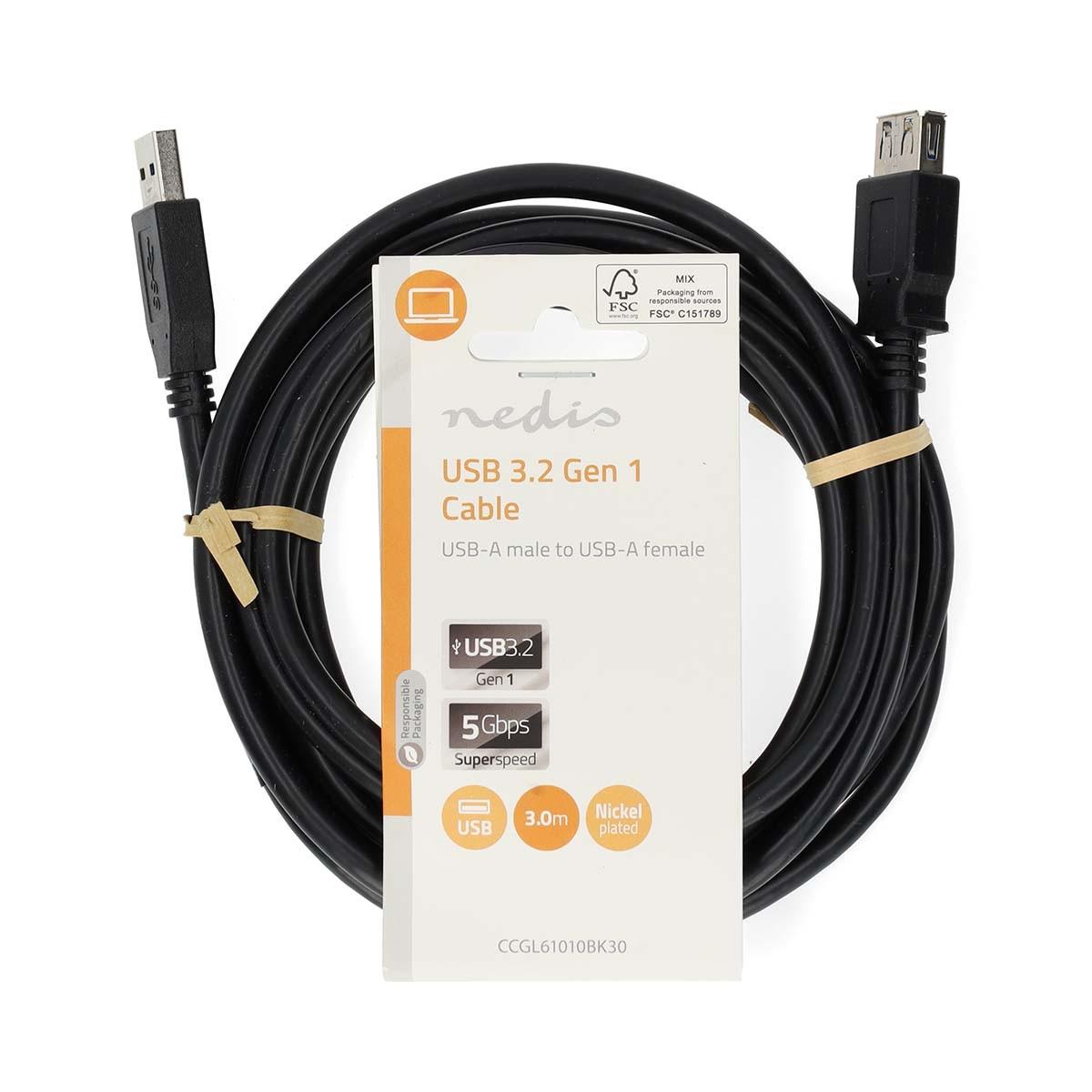Nedis USB-Kabel | USB 3.2 Gen 1 | USB-A Stecker | USB-A Buchse | 5 Gbps | Vernickelt | 3,00 m | Rund | PVC | Schwarz | Etikett