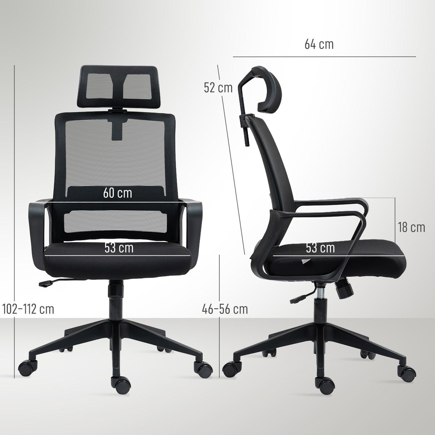 Northio Bürostuhl Ergonomischer Schreibtischstuhl mit Armlehne, Verstellbar Kopfstütze, Höhenverstellbarer Mesh Drehstuhl mit Wippfunktion, Schwarz