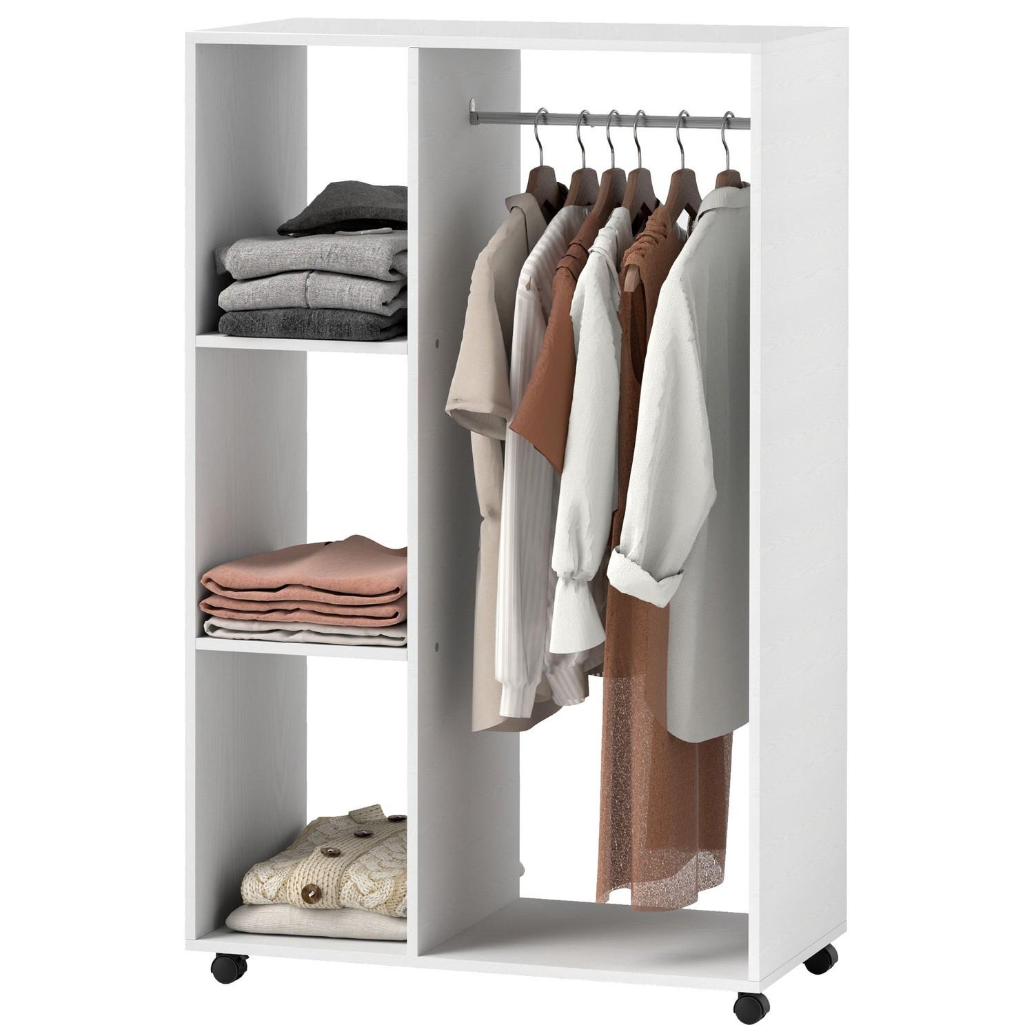 Northio Kleiderschrank auf Rollen, mobile Garderobe, 1 Kleiderstange, 3 Regale, Garderobenschrank, Rollbarer Kleiderständer für Flur, Schlafzimmer, 80 x 40 x 128 cm, Weiß