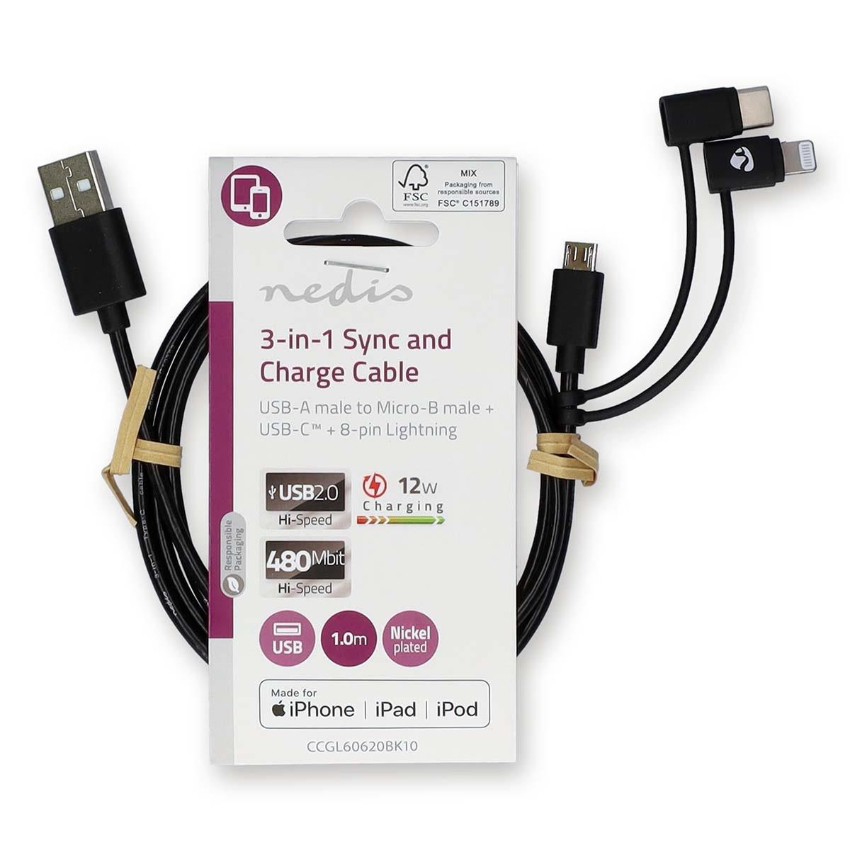 Nedis 3 in 1 Kabel | USB 2.0 | USB-A Stecker | Apple Lightning, 8-polig / USB Micro-B Stecker / USB-C™ Stecker | 480 Mbps | 1,00 m | Vernickelt | Rund | PVC | Schwarz | Etikett