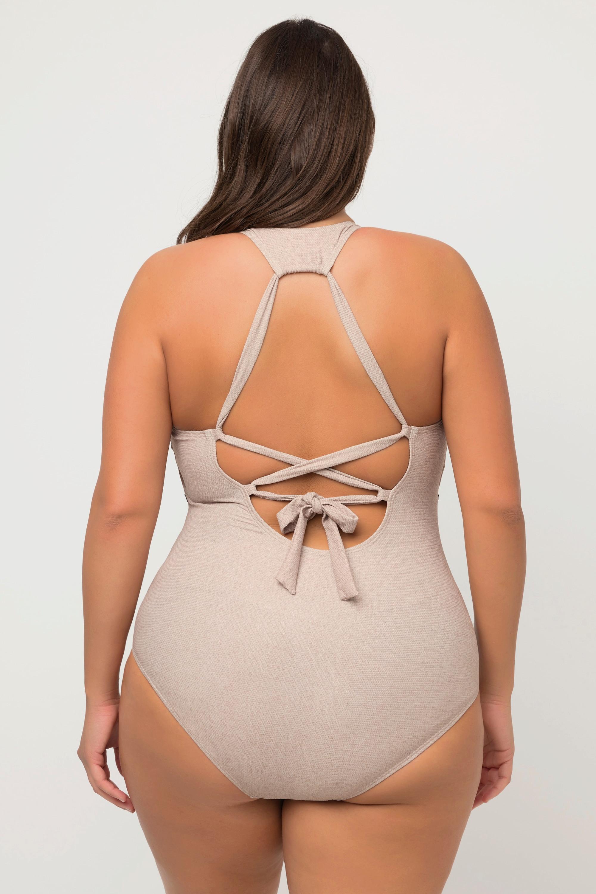 Ulla Popken Badeanzug, Juteoptik, Softcups, Zierknoten