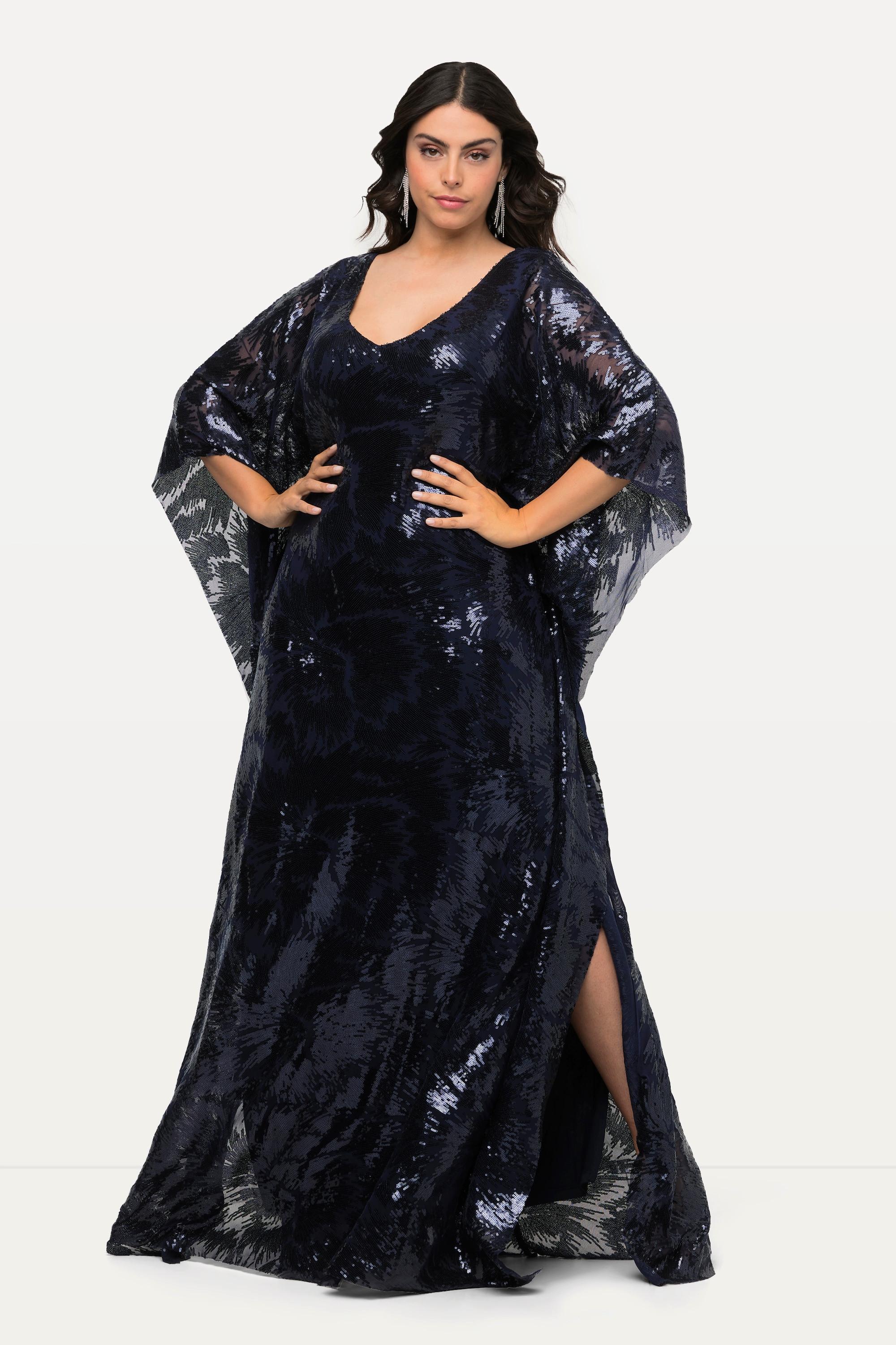 Ulla Popken Doppellagiges Pailletten Cape-Kleid V-Ausschnitt 3/4-Arm