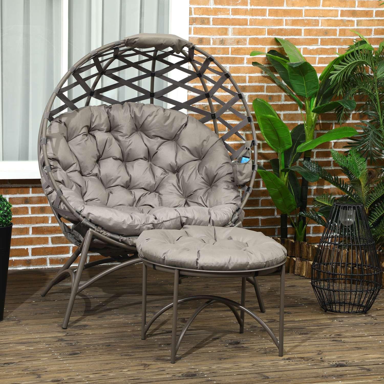 Northio 2Tlg. Gartenstuhl-Set, Korbstuhl Mit Faltbarem Sitzkorb, Inkl. 2-In-1-Hocker, Kissen, Loungesessel Stahl, Sand, 118 X 75 X 142 Cm