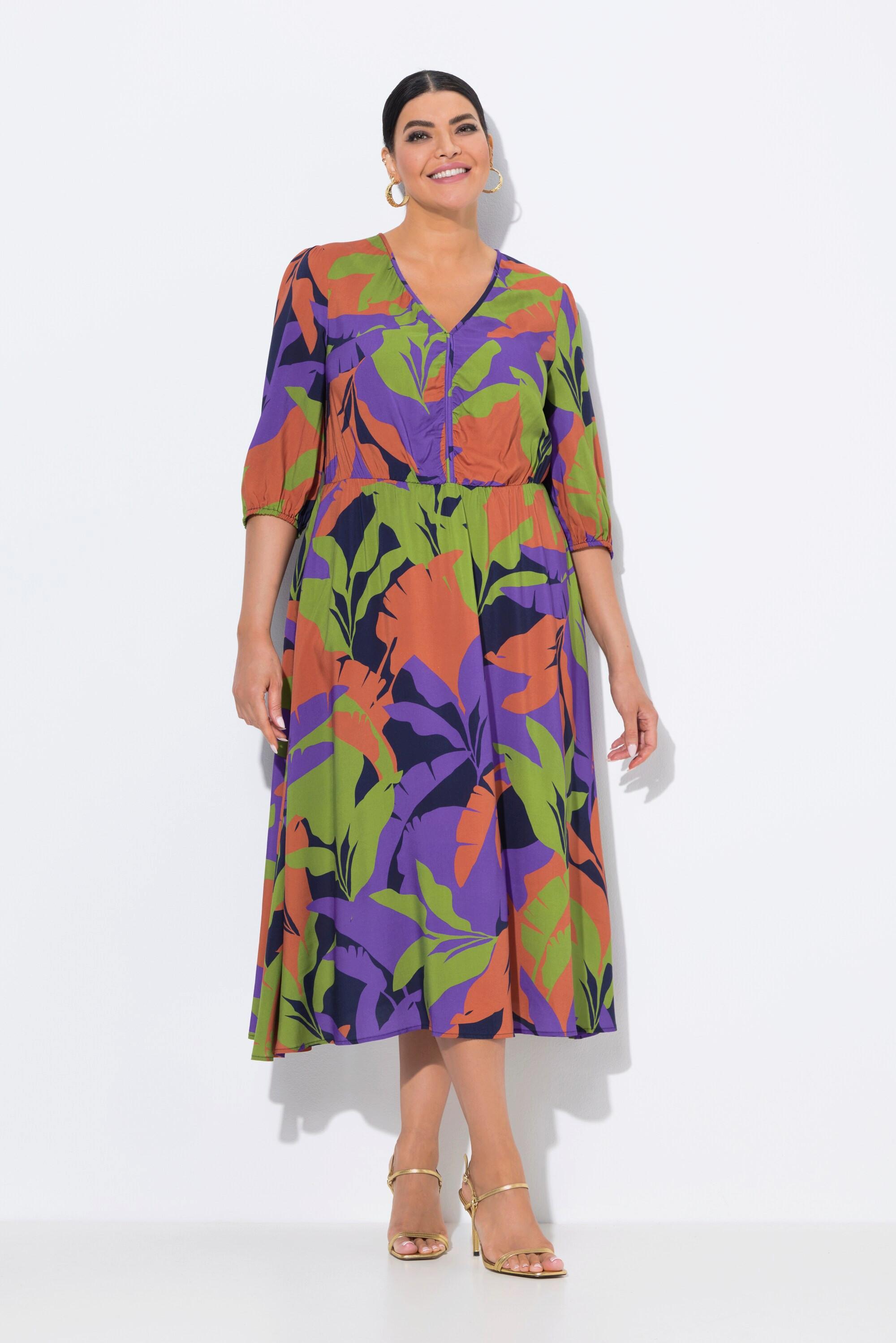 Ulla Popken Midikleid Blätter A-Linie V-Ausschnitt 3/4-Arm