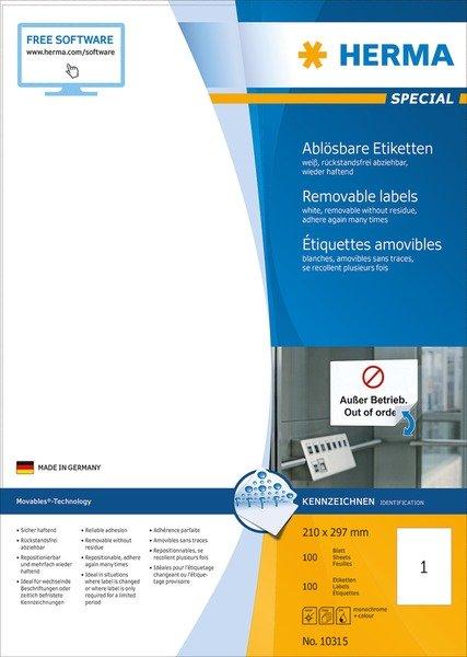 HERMA HERMA Etiketten SPECIAL 210x297mm 10315 weiss,non-perm. 100St./100Bl.