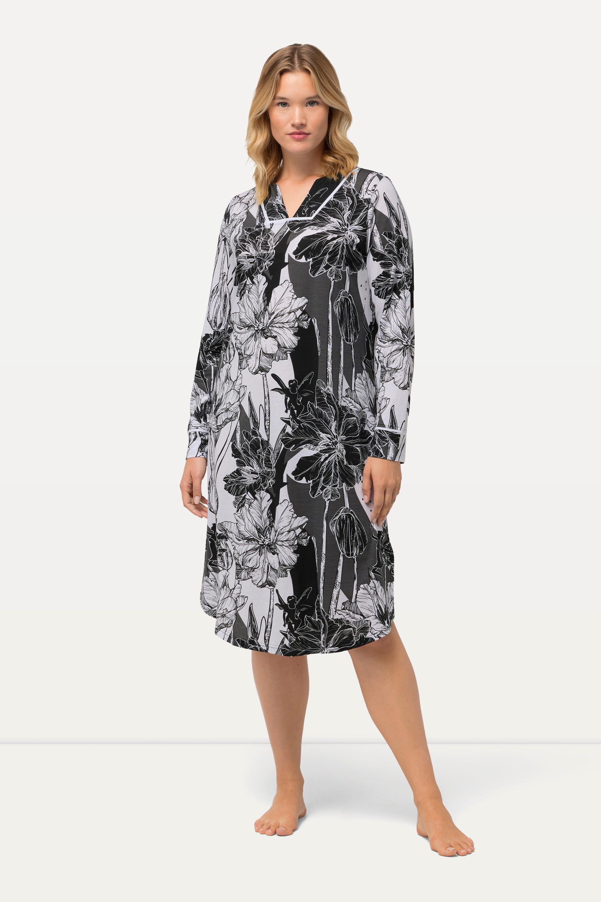 Ulla Popken Nachthemd, Blumen, Tunika-Ausschnitt, Langarm