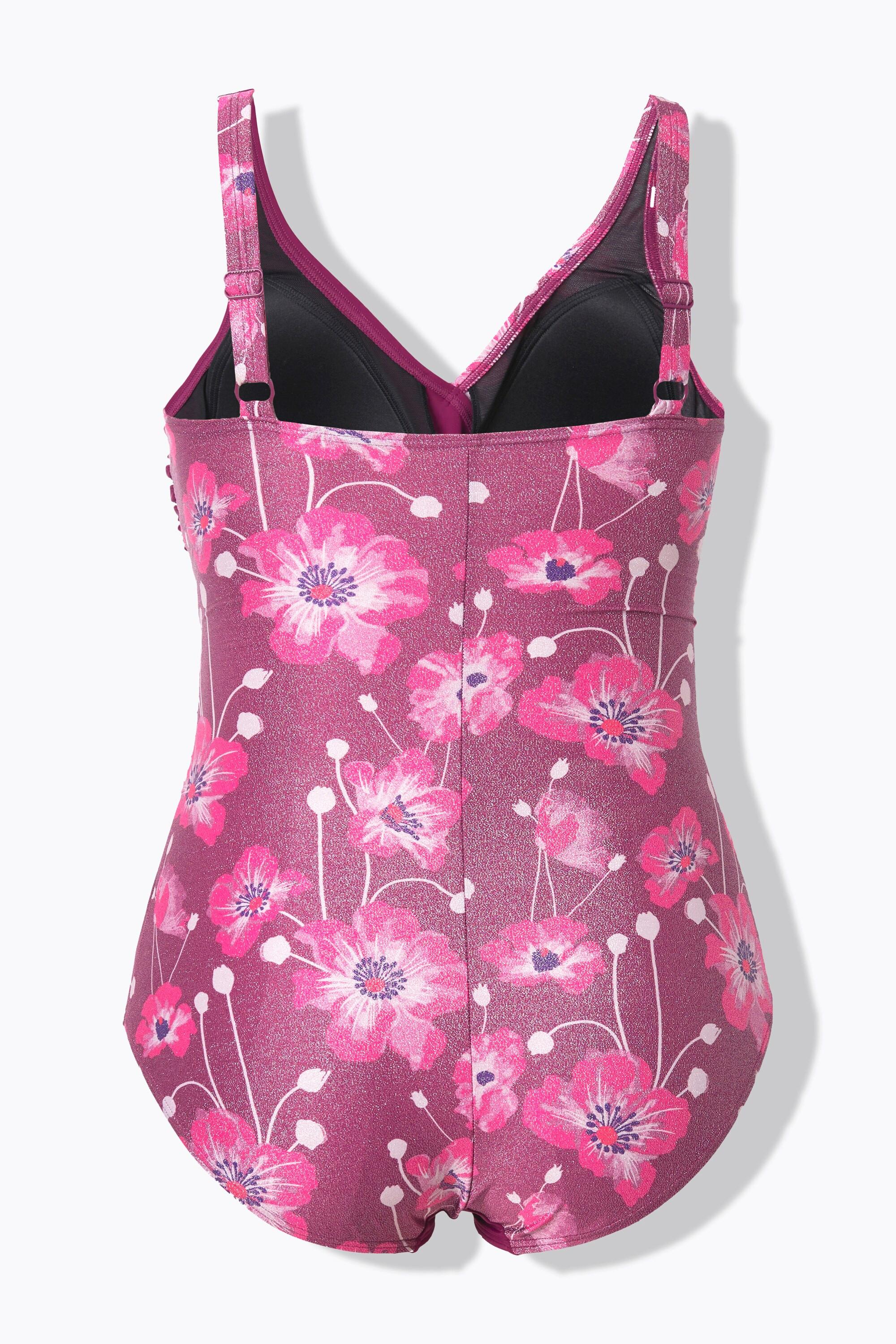 Ulla Popken Badeanzug, Glitzerblüten, Wickeloptik, Softcups, recycelt