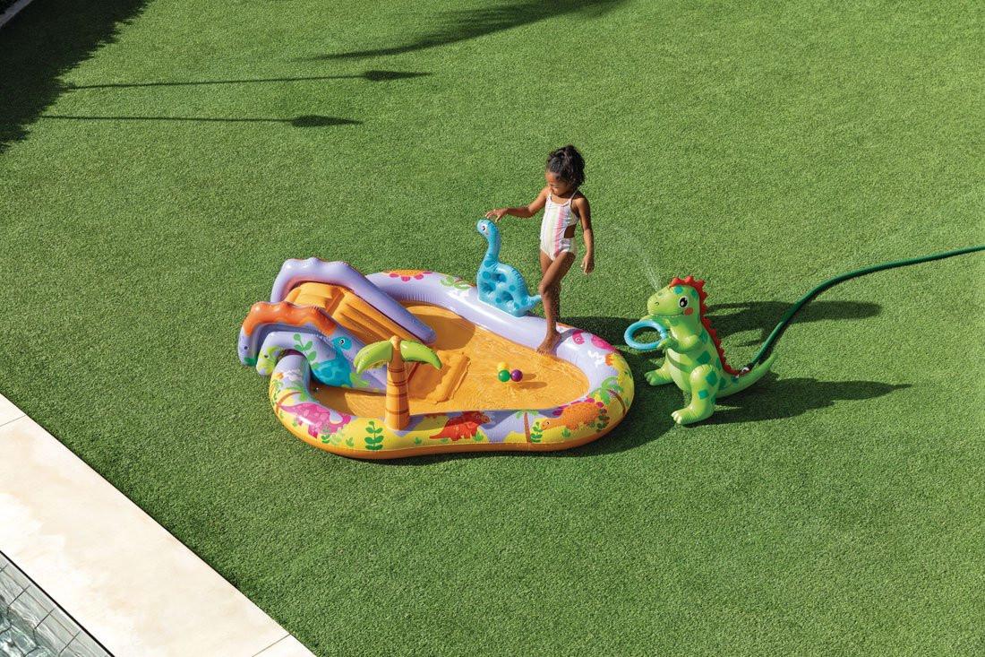 Intex Aufblasbarer Pool für Kinder, Wasserspielplatz, 201 x 157 x 69 cm, Rutsche, Springbrunnen, Dinosaurier, INTEX 56139
