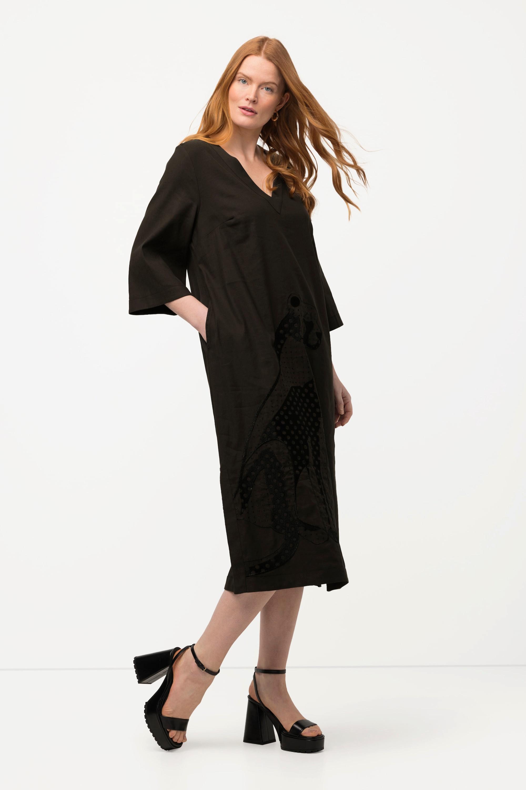 Ulla Popken Midikleid Leinenmix Stickerei V-Ausschnitt 3/4-Arm