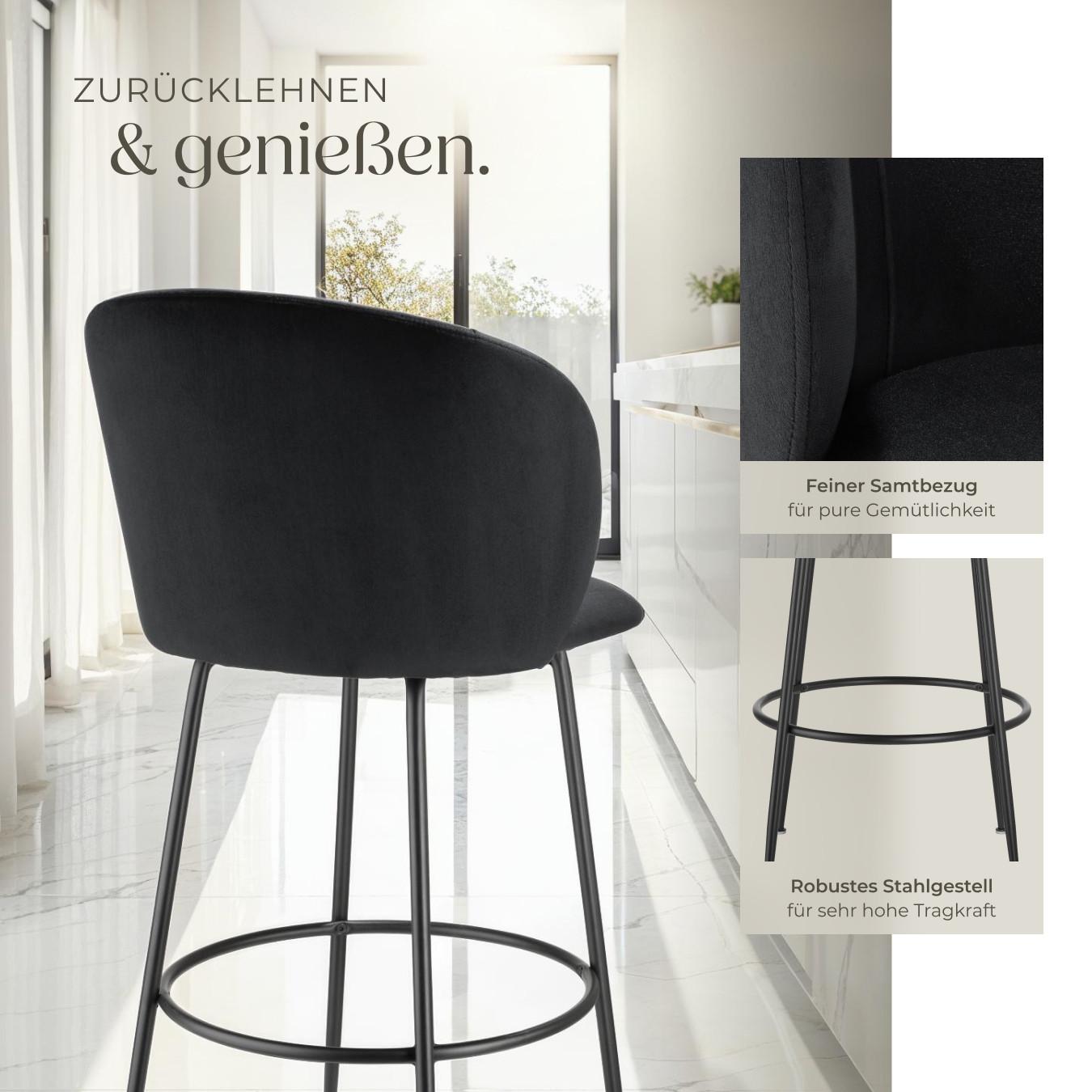 Tectake Barstuhl Luana, mit Rückenlehne, Samtoptik 6er Set