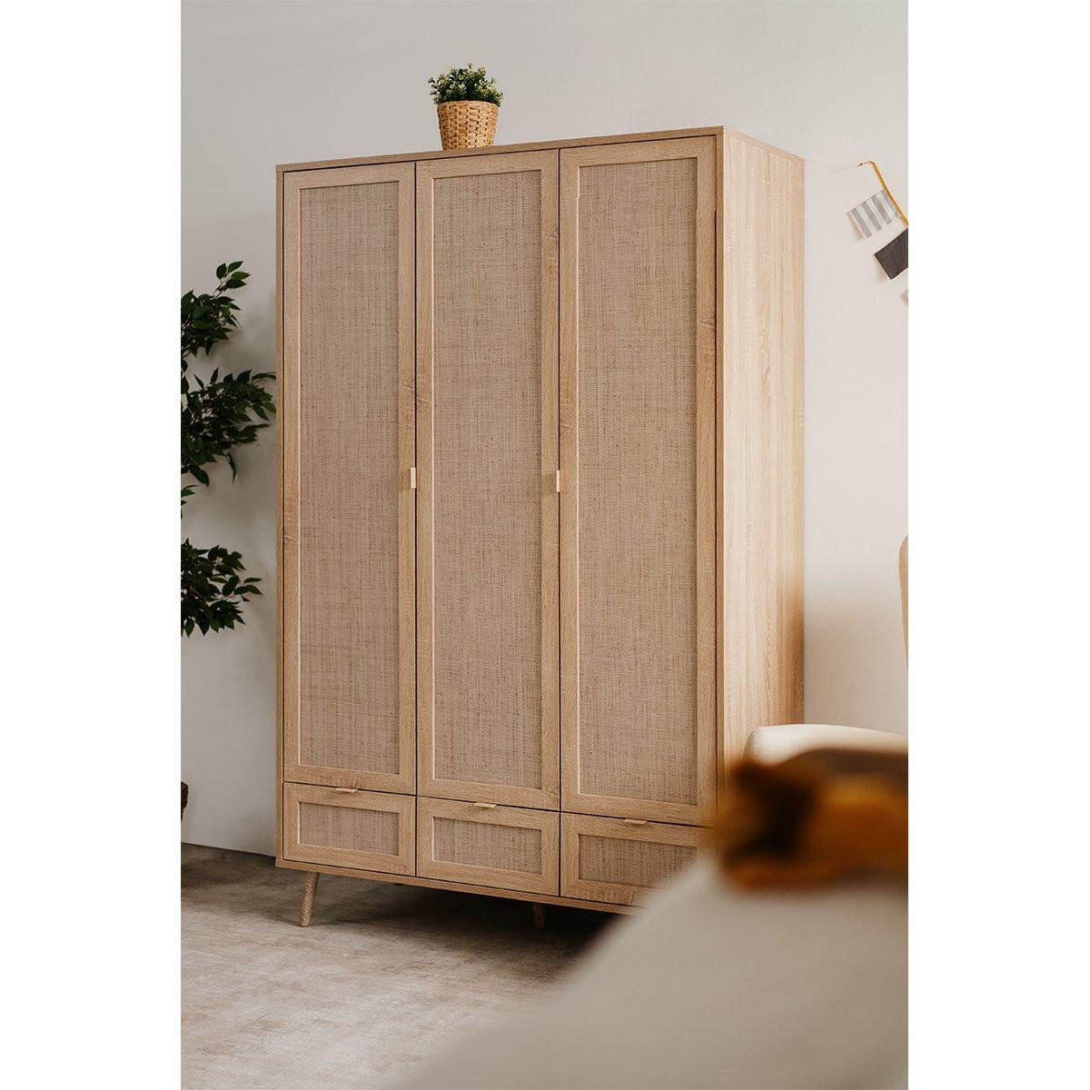 Calicosy Schrank mit 3 Türen, 3 Schubladen, 2 Kleiderstangen L120cm - Rattan-Druck - Bali