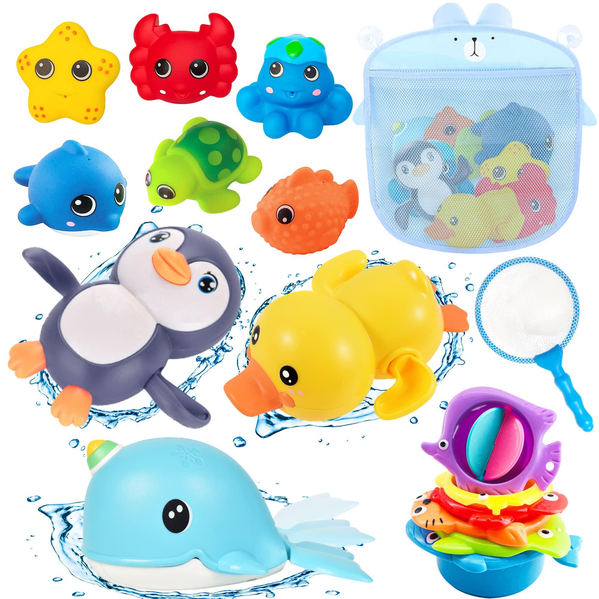 Activity-board Baby Badespielzeug Wasserspielzeug, 16Pcs Kinder Badespielzeug mit Fischernetz, Badespielzeug Baby Kinder Spielzeug Baby Bad Pinguin, Schwan, Ente, Wal