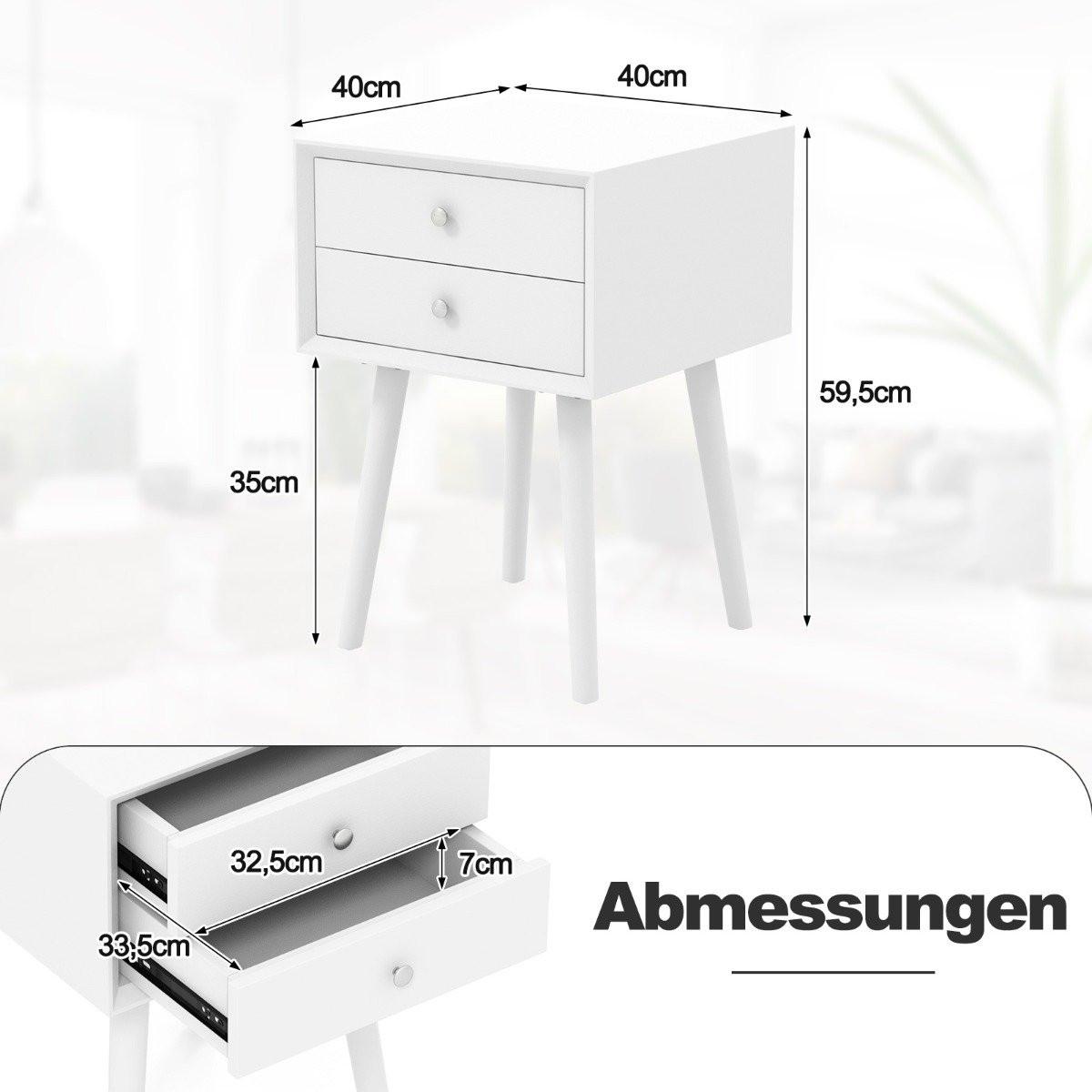 Northix Nachttisch mit 2 Schubladen Kleiner Beistelltisch aus Holz 40 x 40 x 59,5 cm Weiß