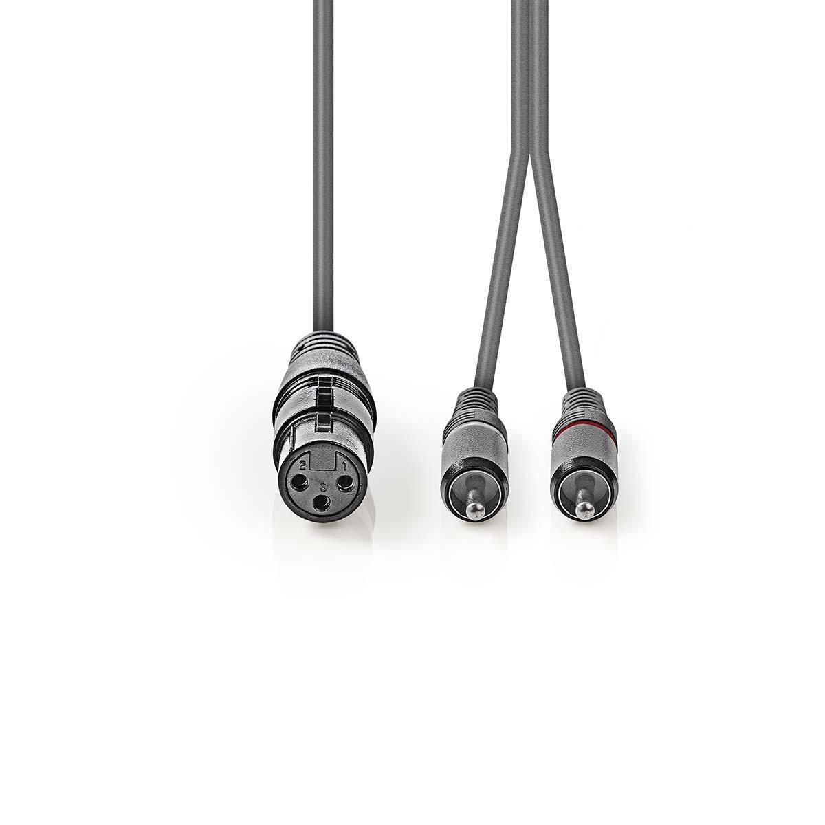 Nedis Symmetrisches Audiokabel | XLR 3-polige Buchse | 2x RCA-Stecker | Vernickelt | 1,50 m | Rund | PVC | Dunkelgrau | Papphülle