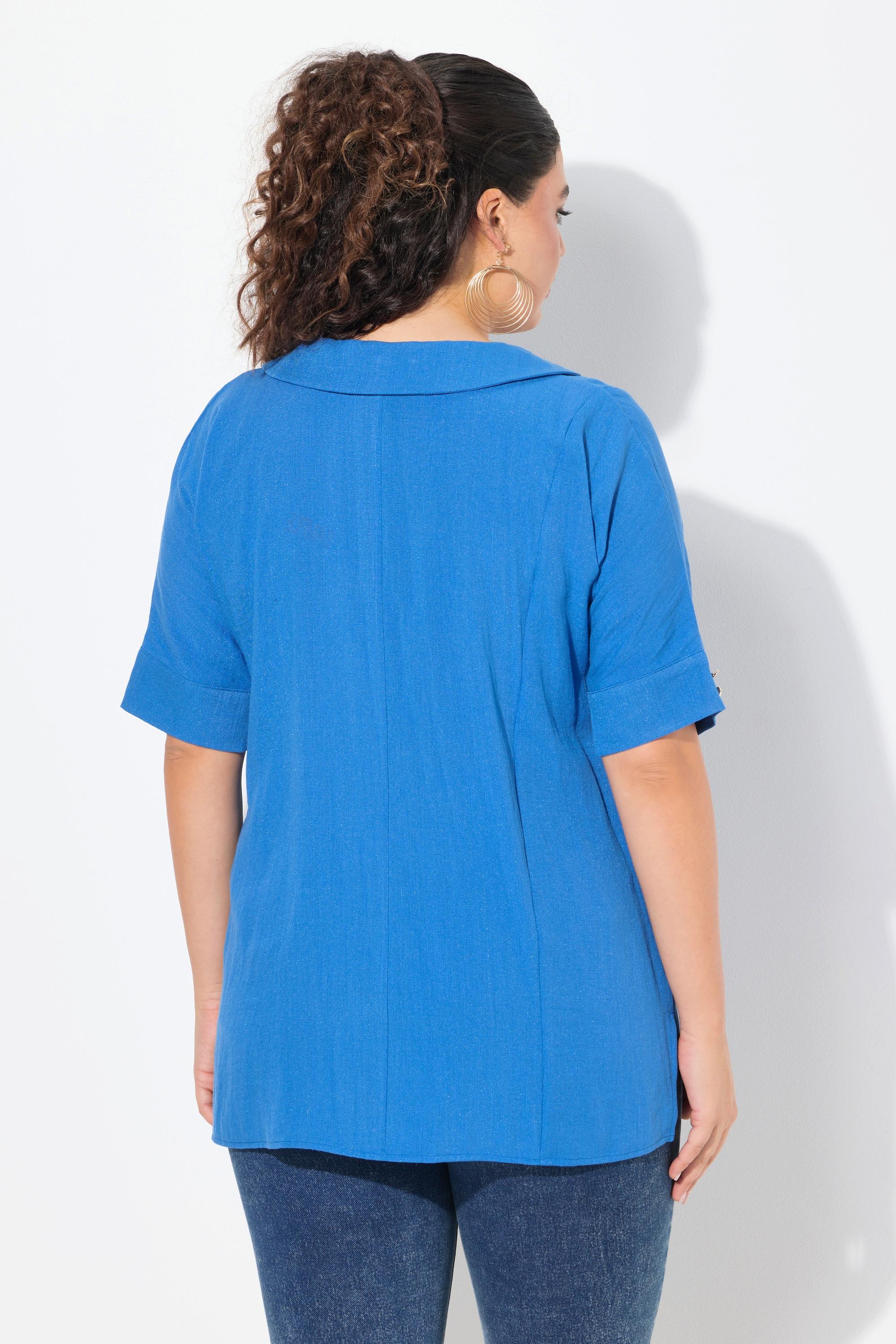 Ulla Popken Bluse, Leinenoptik, Oversized, Tellerkragen, Halbarm