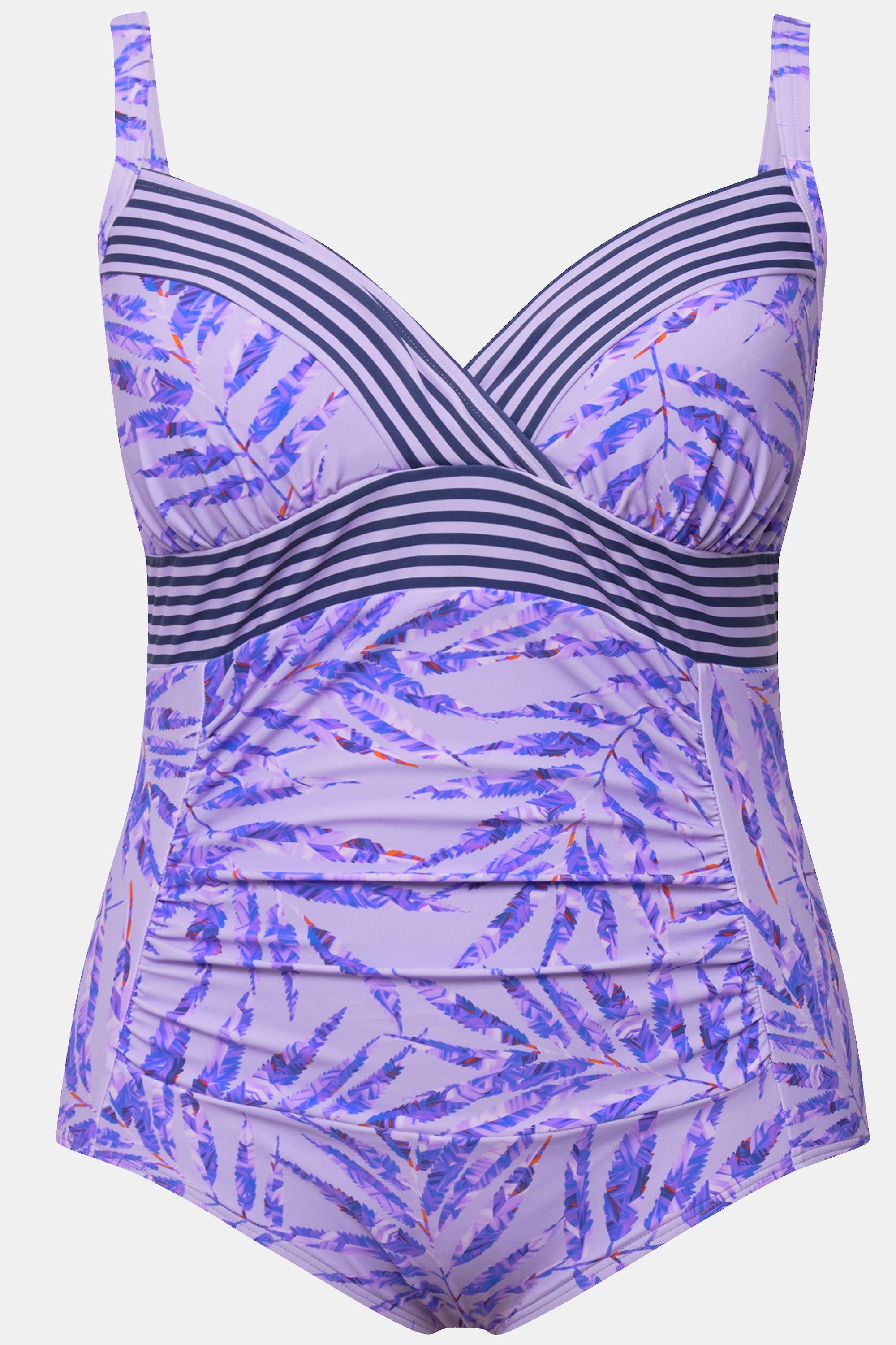 Ulla Popken Badeanzug, Palmen, Streifen, Softcups, recycelt