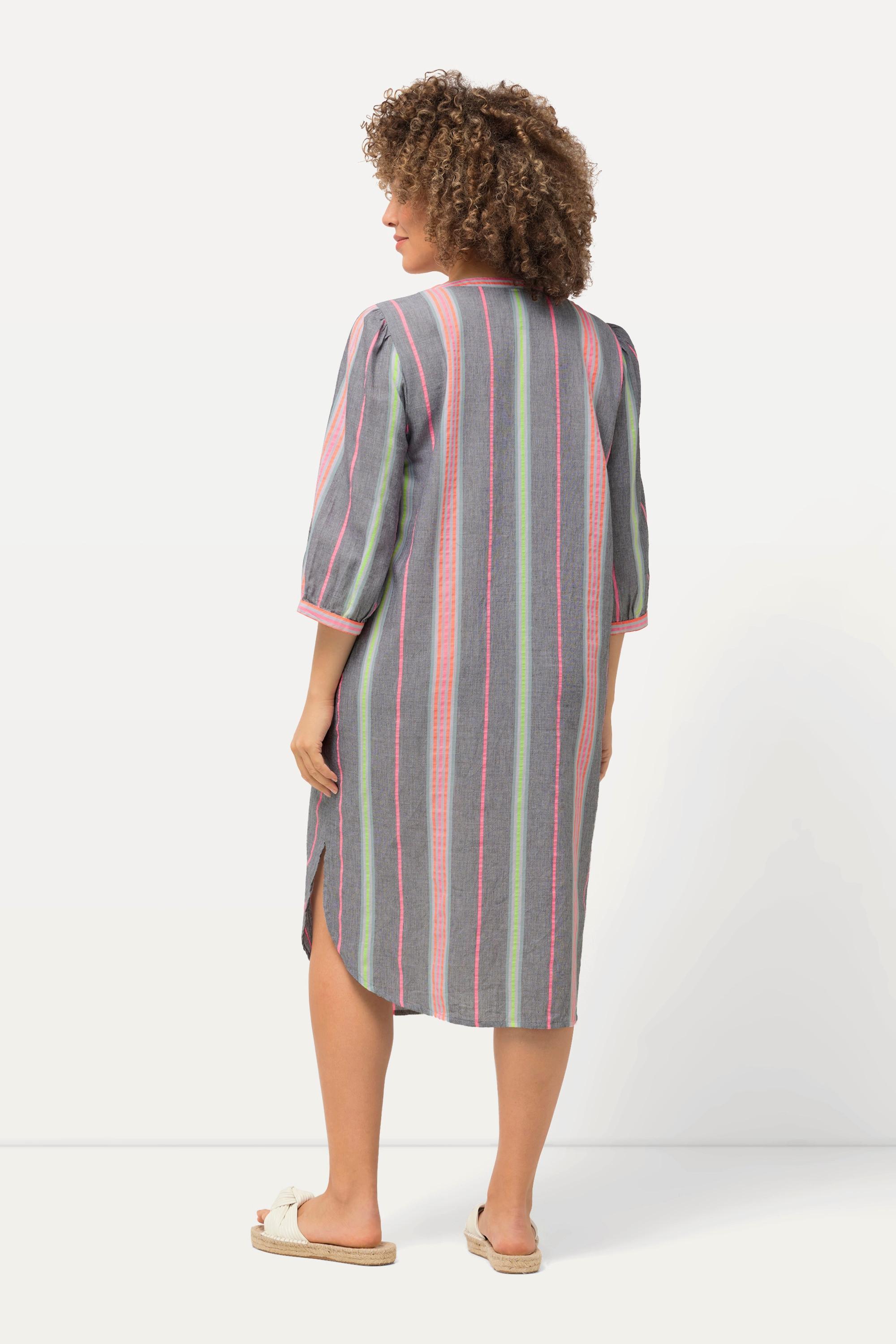 Ulla Popken Gestreifter Oversized V-Ausschnitt 3/4 Arm Kaftan