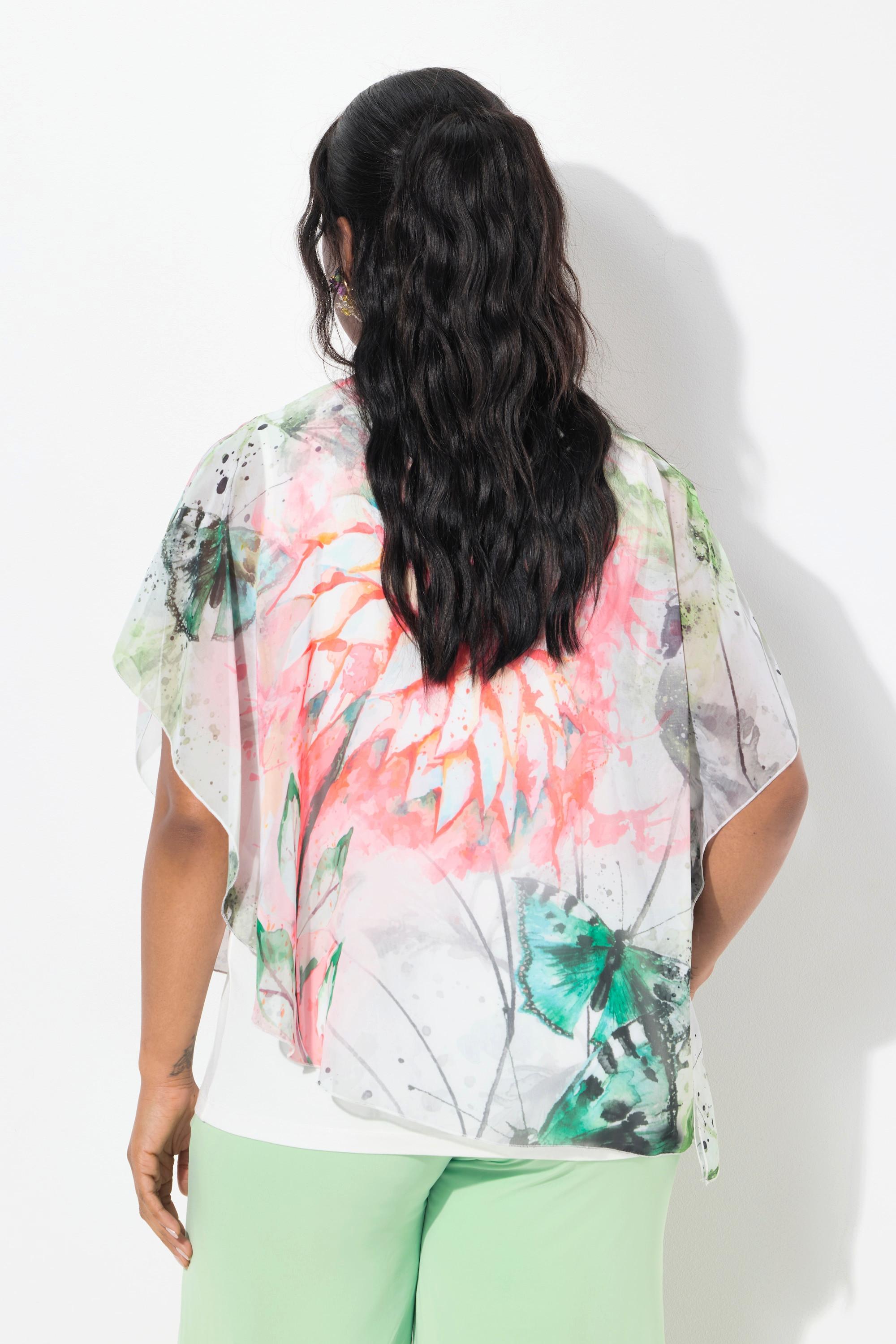 Ulla Popken Bluse, Blüten, doppellagig, Rundhals, Halbarm