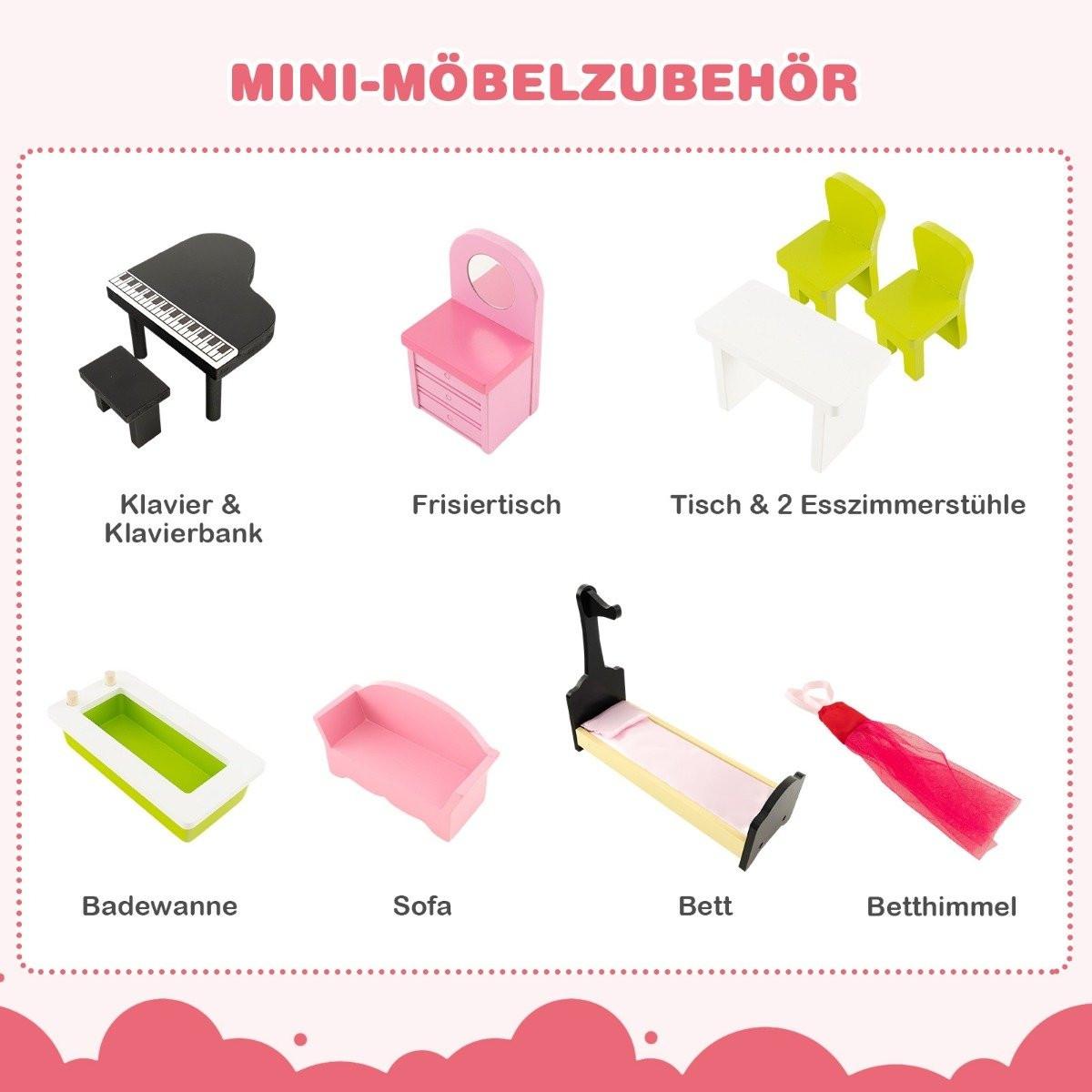 B2X Puppenhaus Holz Puppenstube mit Möbeln & Zubehör 3 stöckiges Dollhouse Spielzeug
