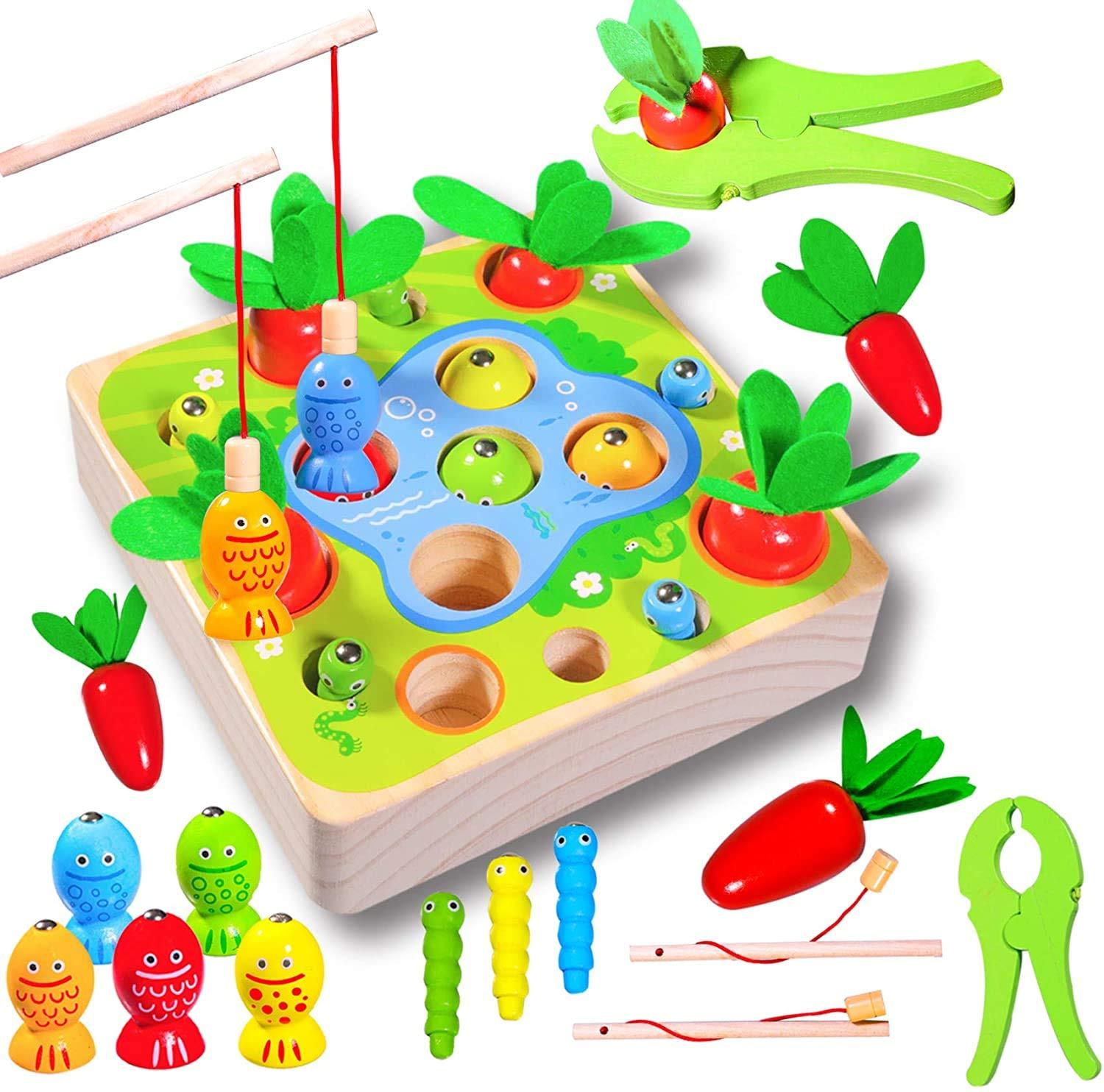 Activity-board Baby-Motorikspielzeug Sortierspiel Holzpuzzle Karottenernte Angelspiel Lernspielzeug für Kinder