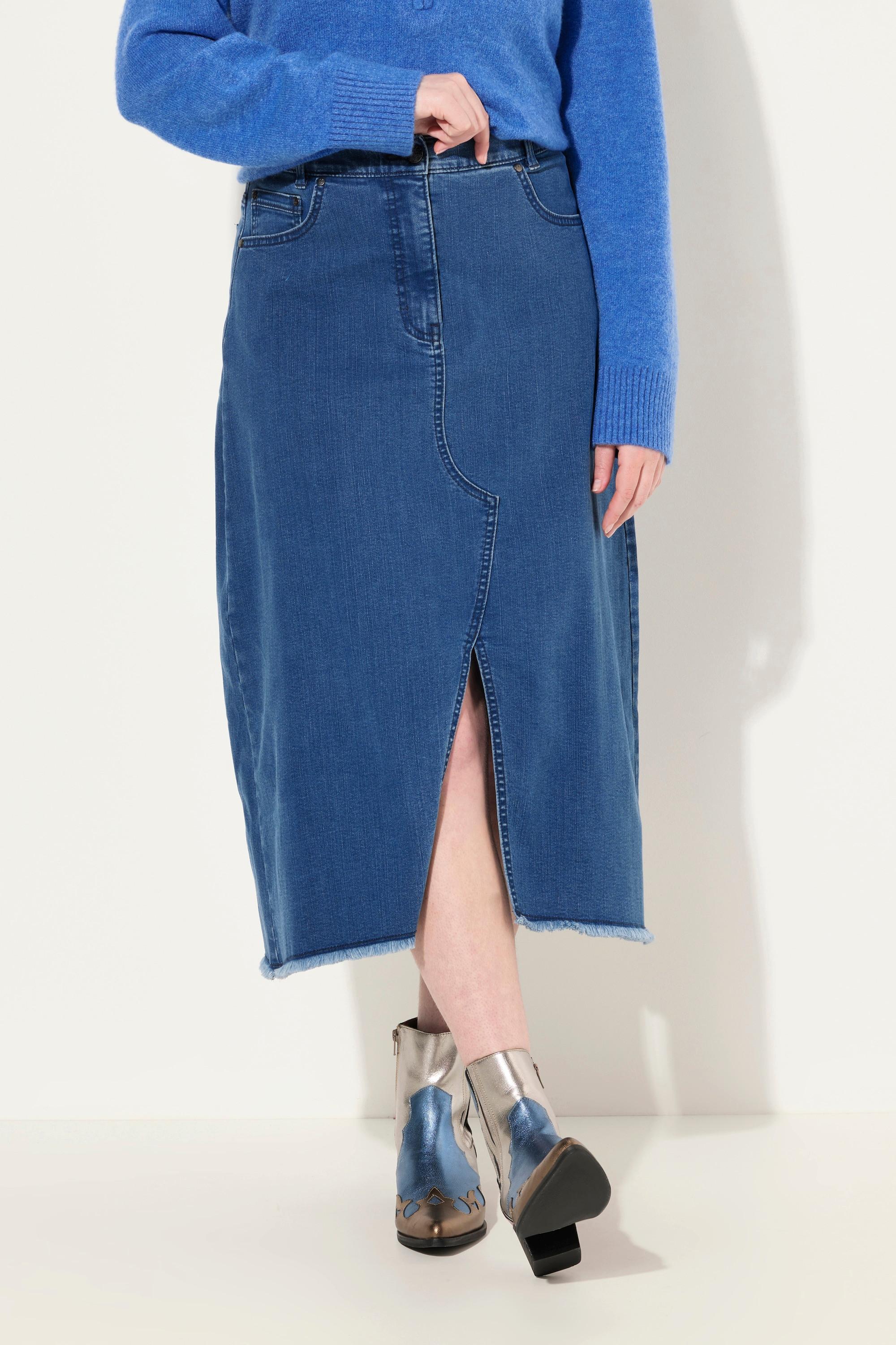Ulla Popken Jeansrock, Saumschlitz, A-Linie, Fransensaum