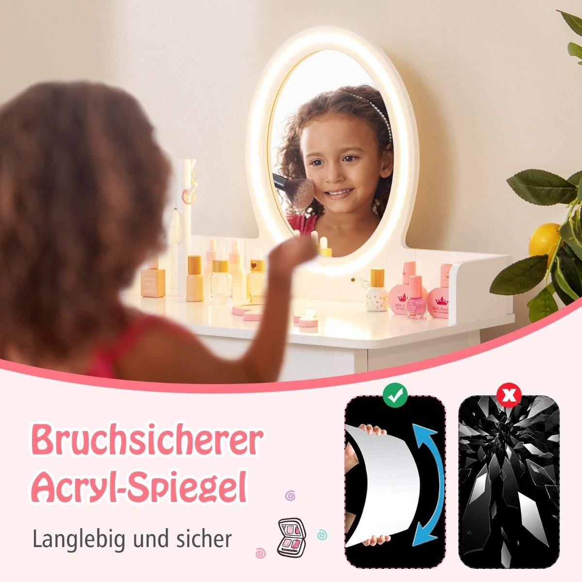 Northix Schminktisch für Kinder mit beleuchtetem Spiegel Make-up-Tisch mit Stuhl Weiß