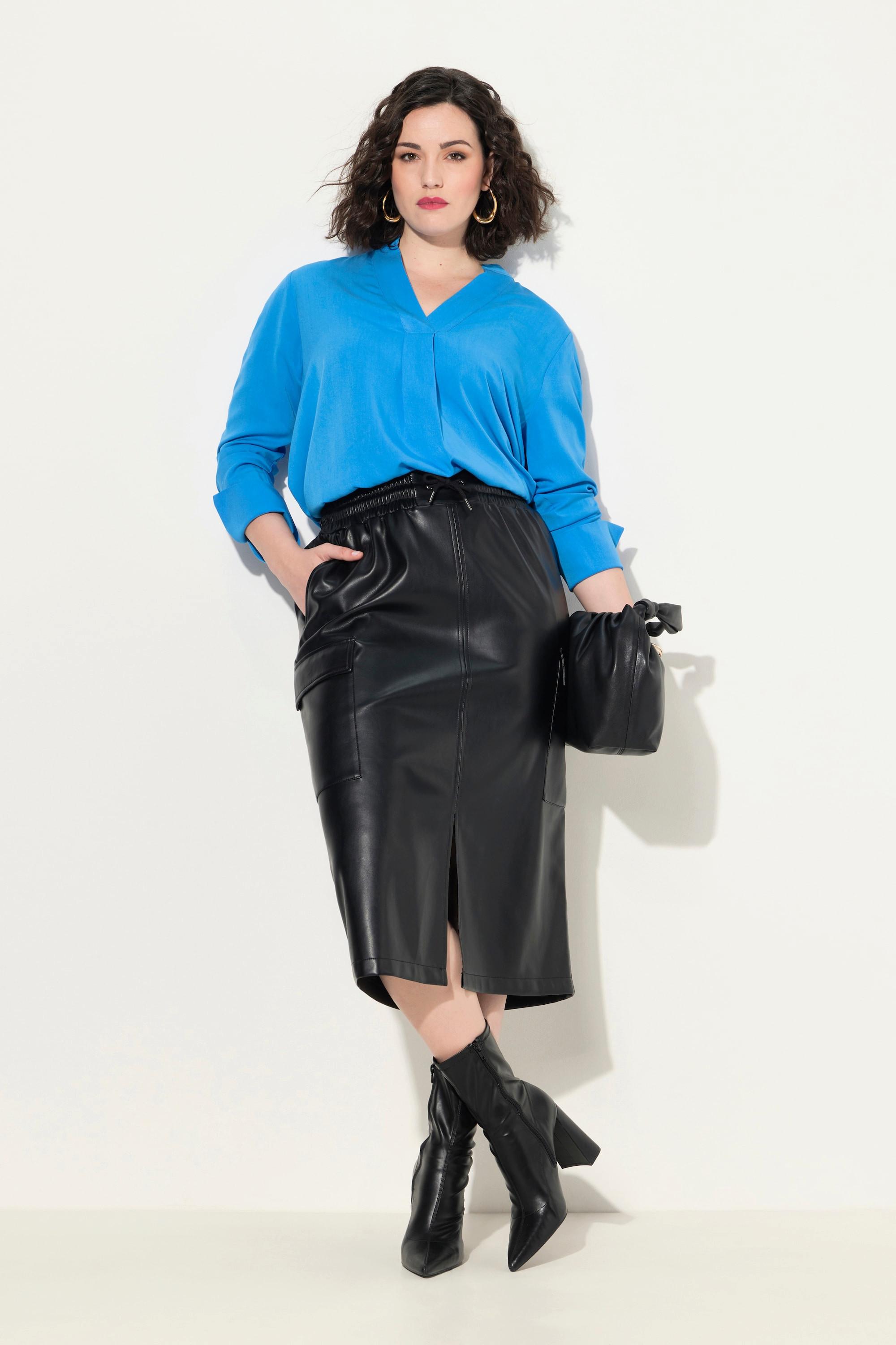 Ulla Popken Rock, Lederoptik, Elastikbund, Taschen, Kellerfalte