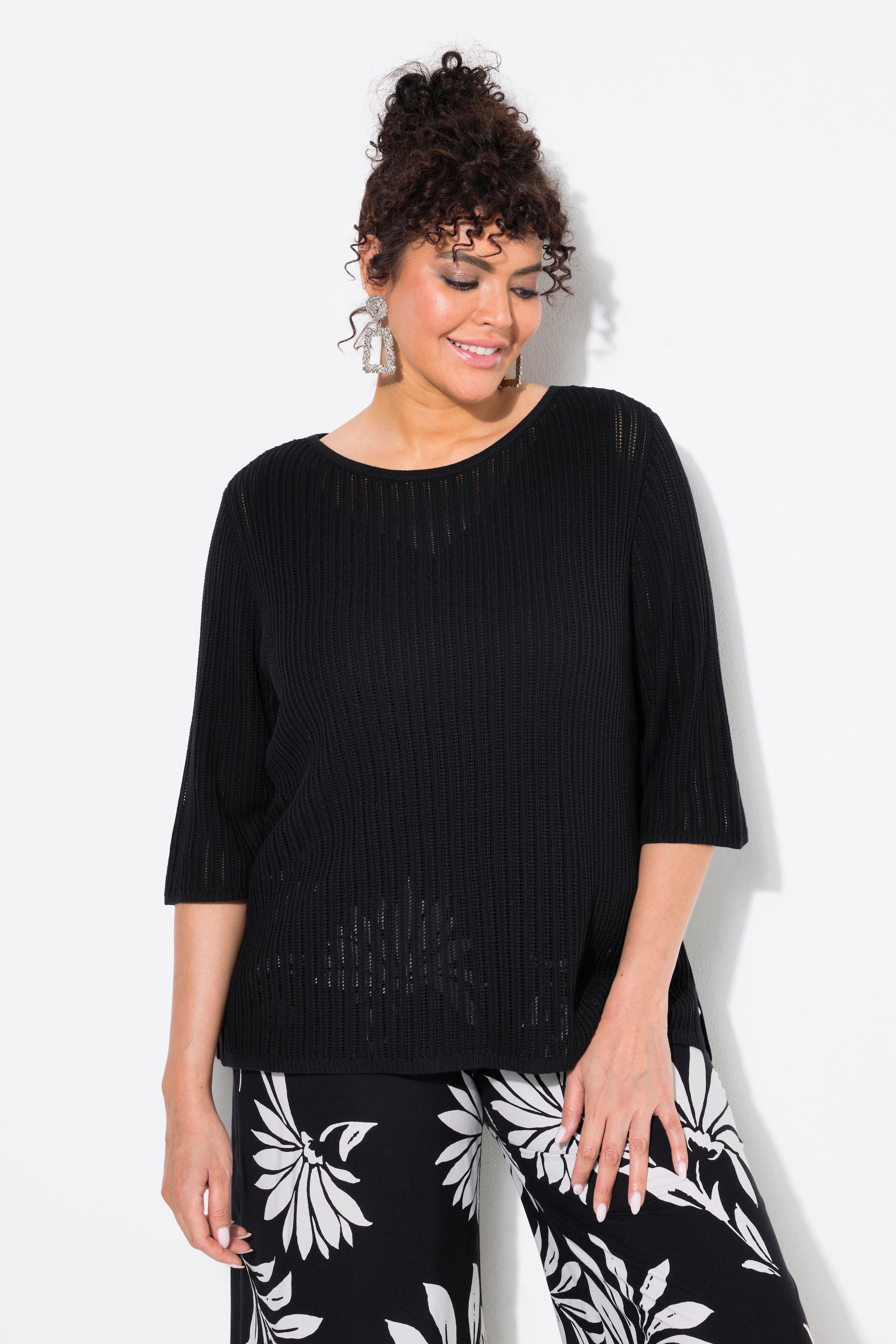 Ulla Popken Pullover, Ajourmuster, U-Boot-Ausschnitt, Halbarm