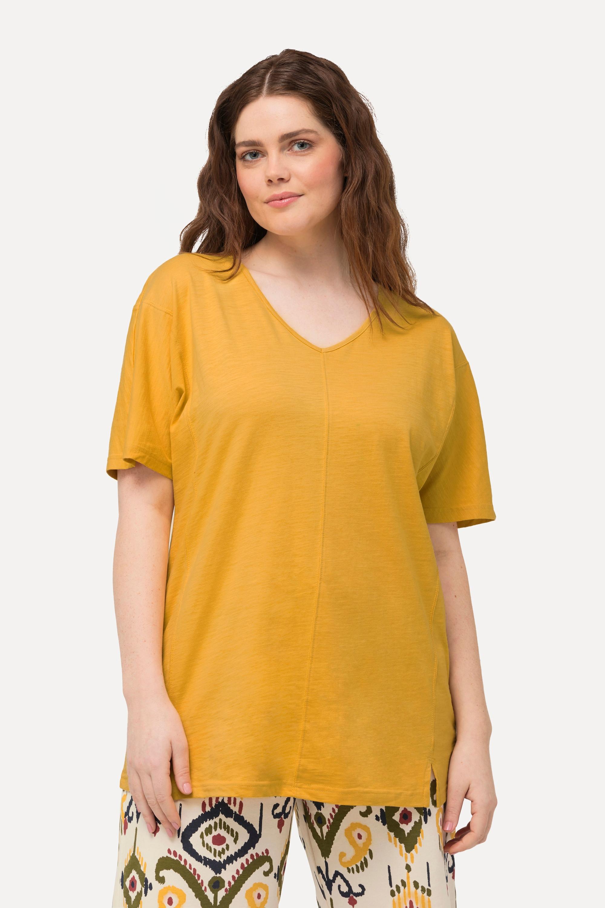 Ulla Popken T-Shirt Ziernähte V-Ausschnitt Halbarm Biobaumwolle