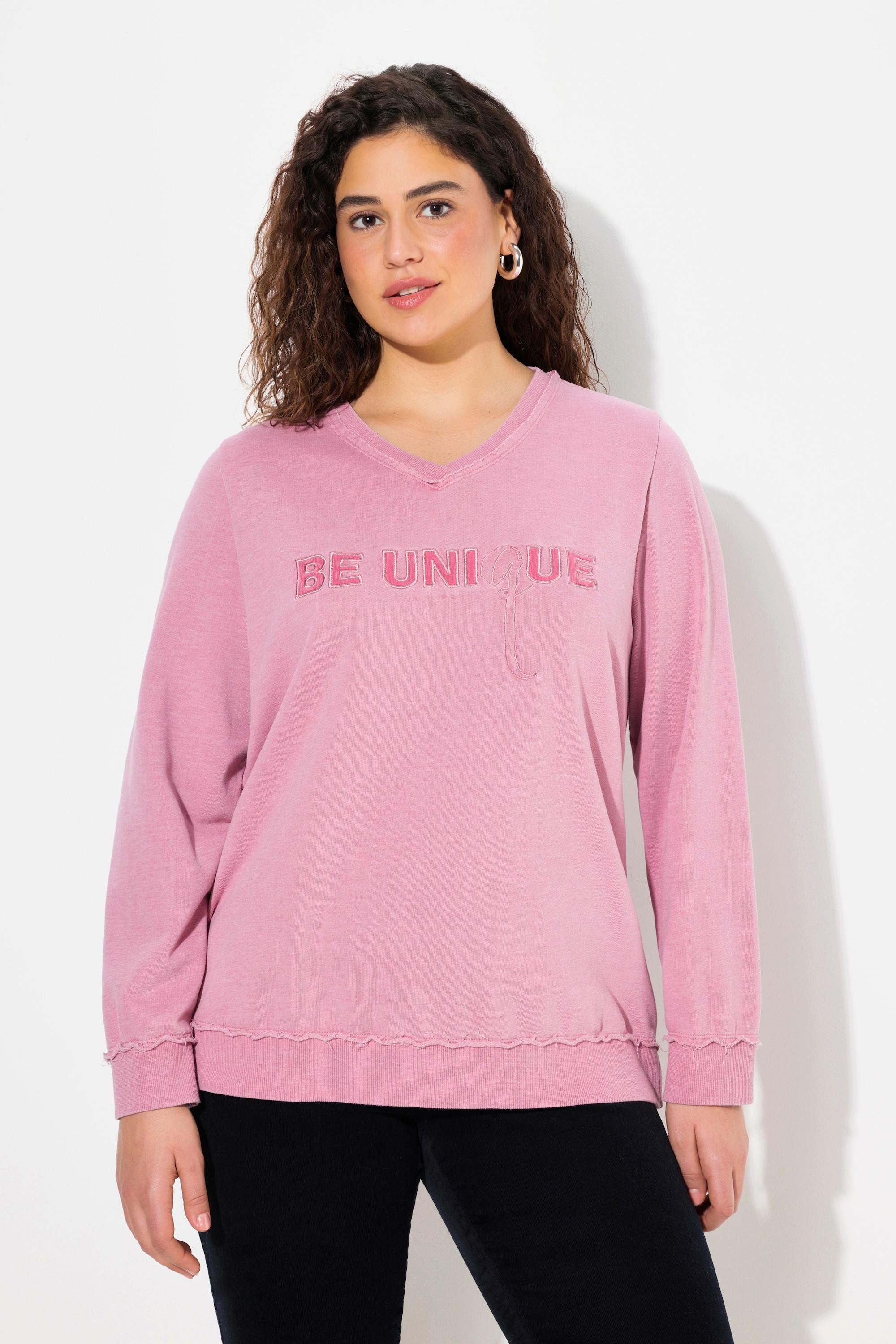 Ulla Popken Sweat-Pullover, Schriftzug, V-Ausschnitt, Langarm