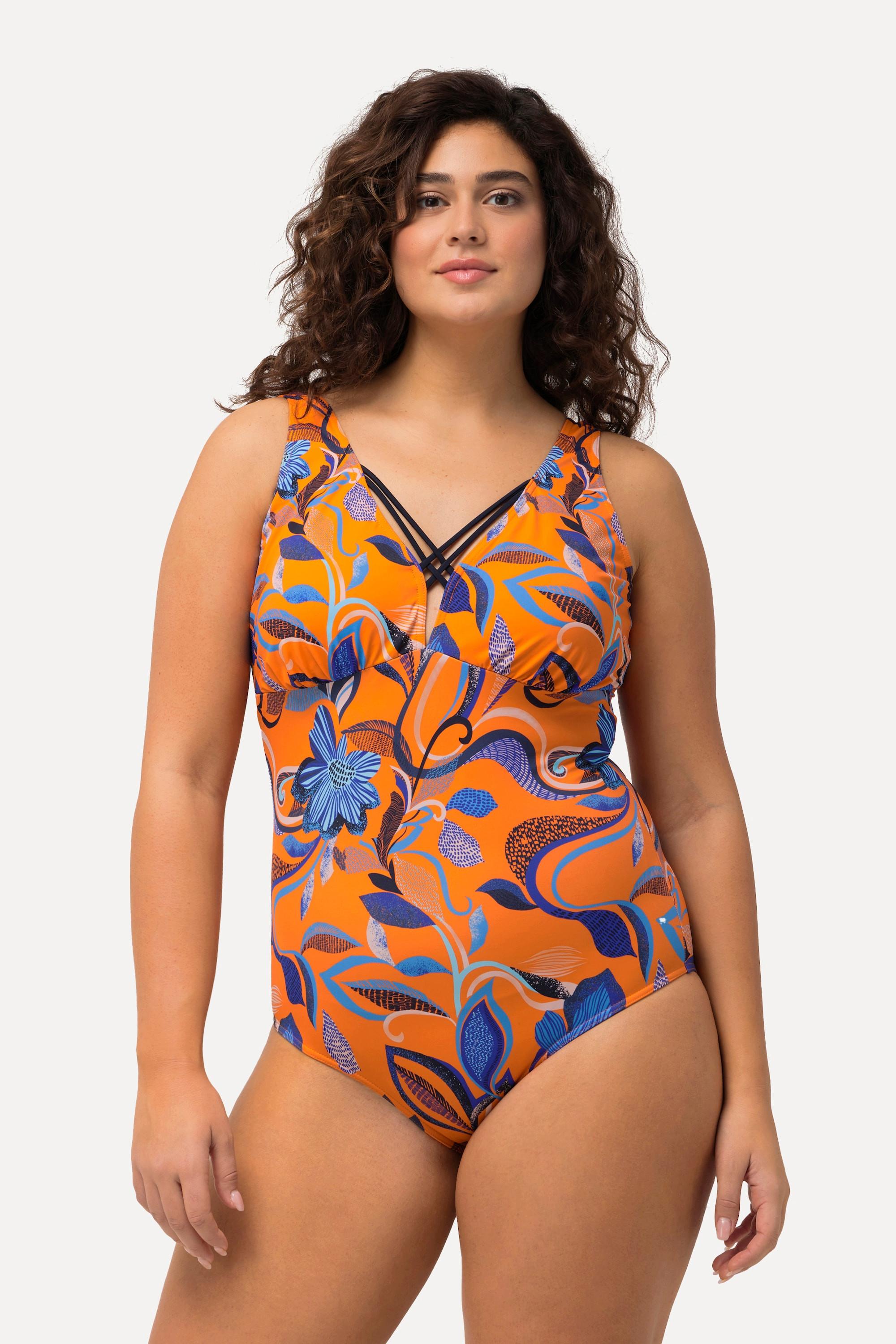 Ulla Popken Badeanzug, Blüten, Zierbänder, Softcups