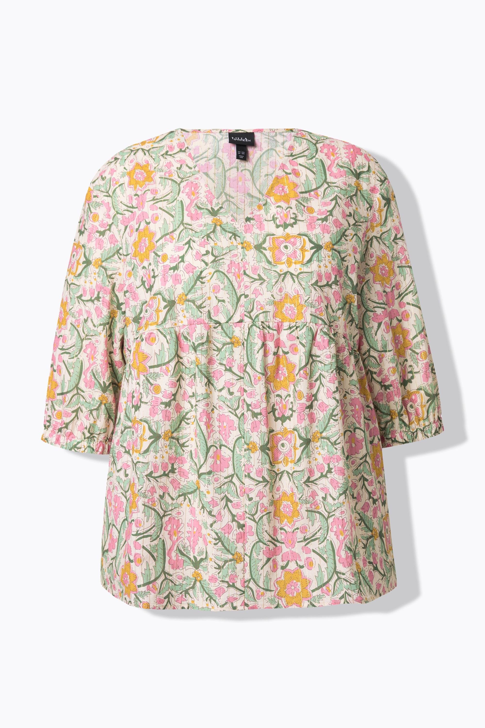Ulla Popken Bluse, Blüten, A-Linie, V-Ausschnitt, 3/4-Arm