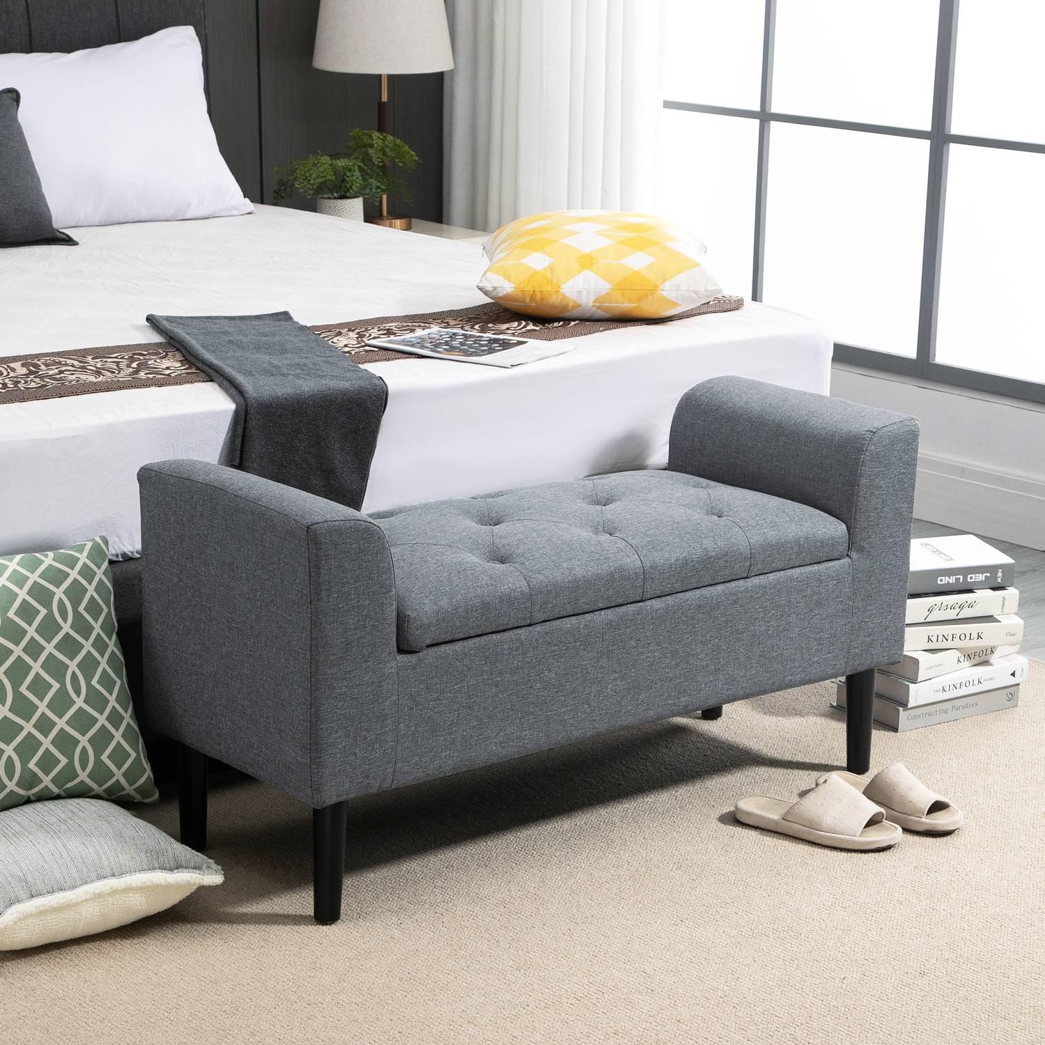 Northio Sitzbank mit Stauraum, Polsterbank mit Leinenoptik, Holzbeine, Bettbank belastbar bis 130 kg, für Wohnzimmer Schlafzimmer Flur, 116 x 44 x 58 cm Hellgrau