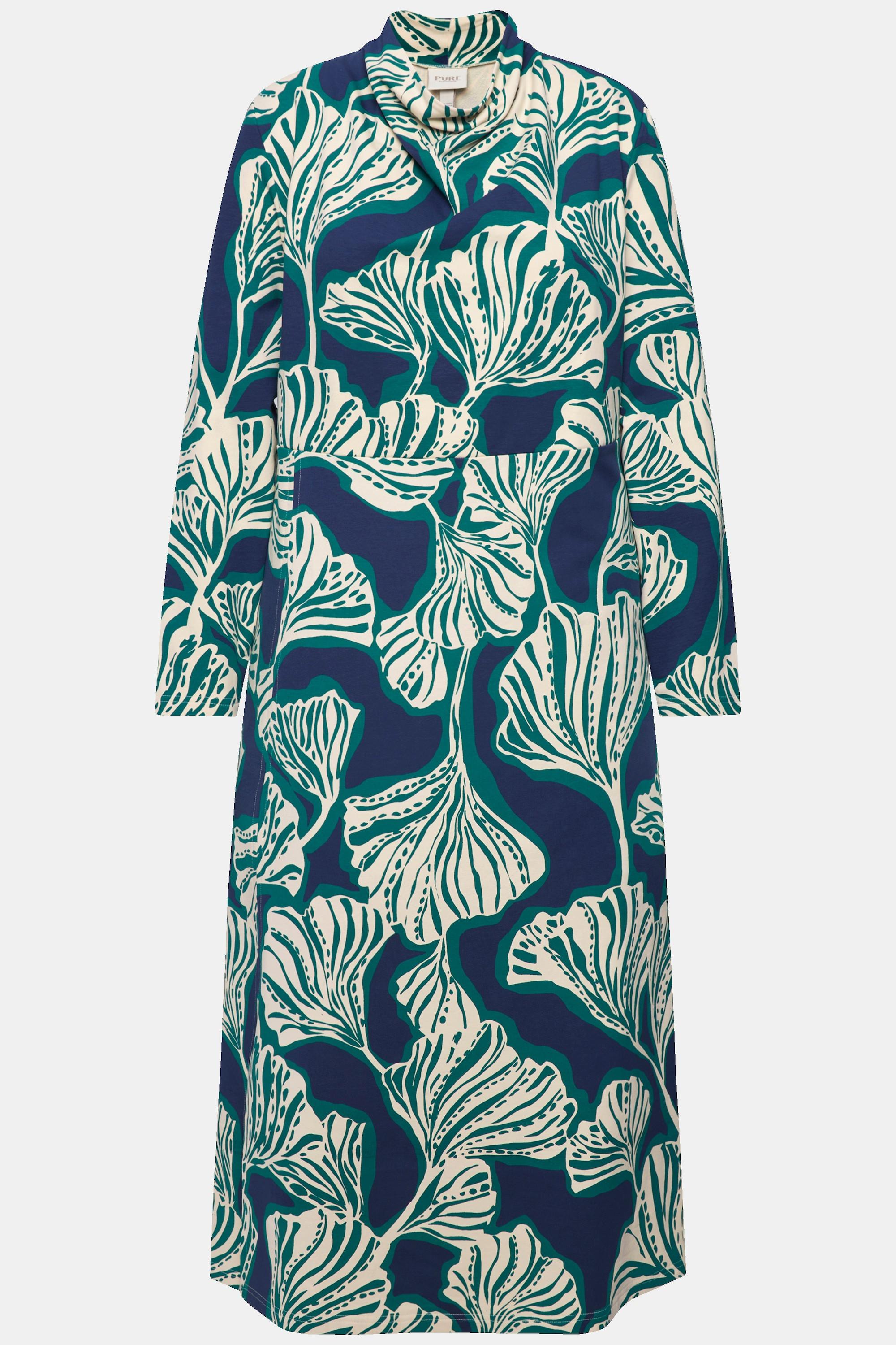 Ulla Popken Maxi Sweatkleid Blätter Wasserfall-Ausschnitt Langarm
