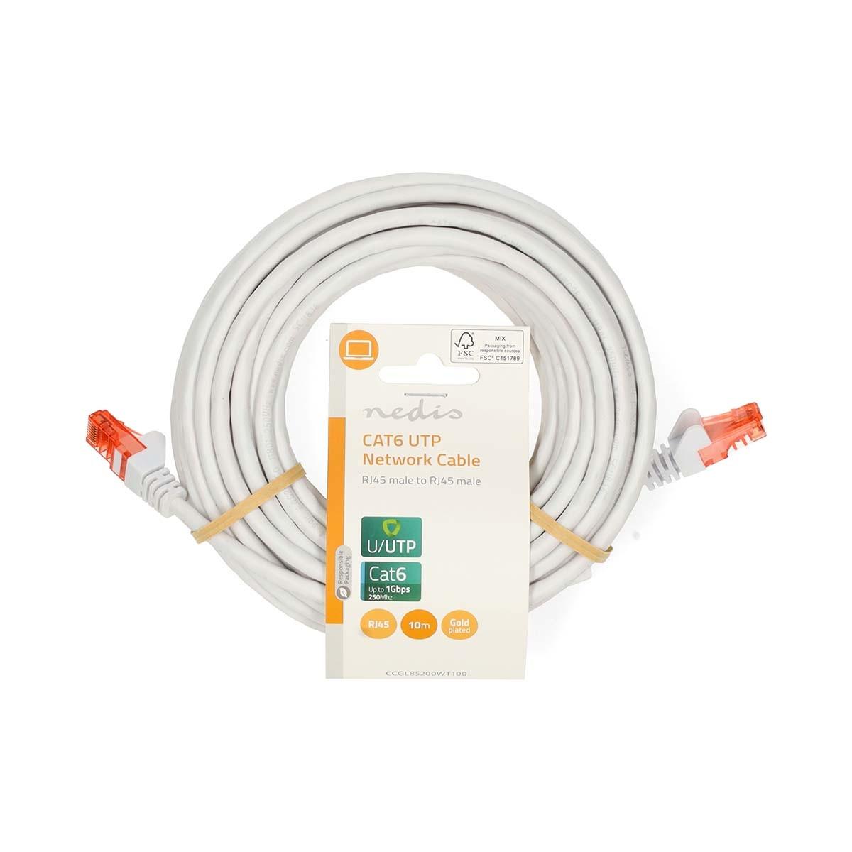 Nedis CAT6 Netzwerkkabel | RJ45 Stecker | RJ45 Stecker | U/UTP | 10,0 m | Rund | PVC | Weiß | Etikett