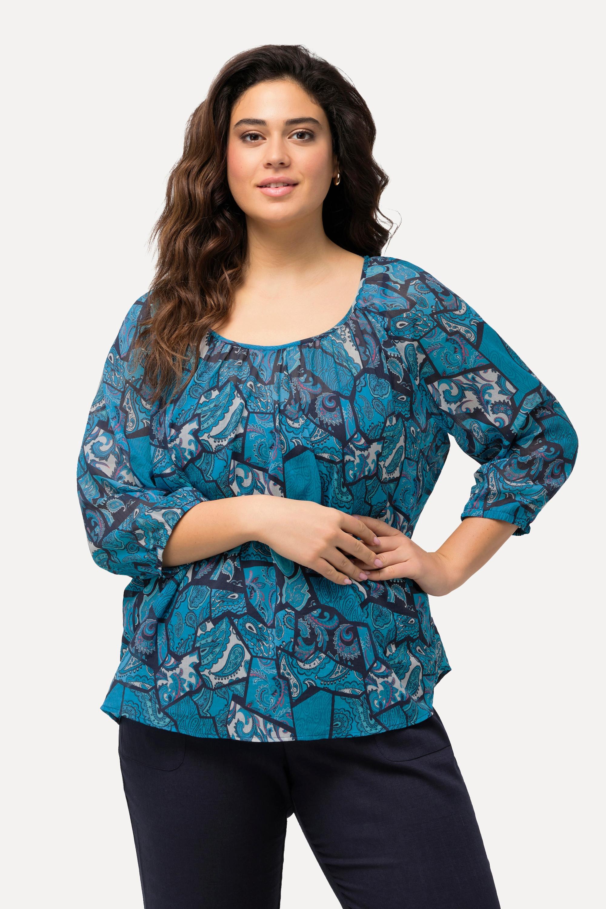 Ulla Popken Bluse Floraler Druck Rundhals Rücken Bindeband