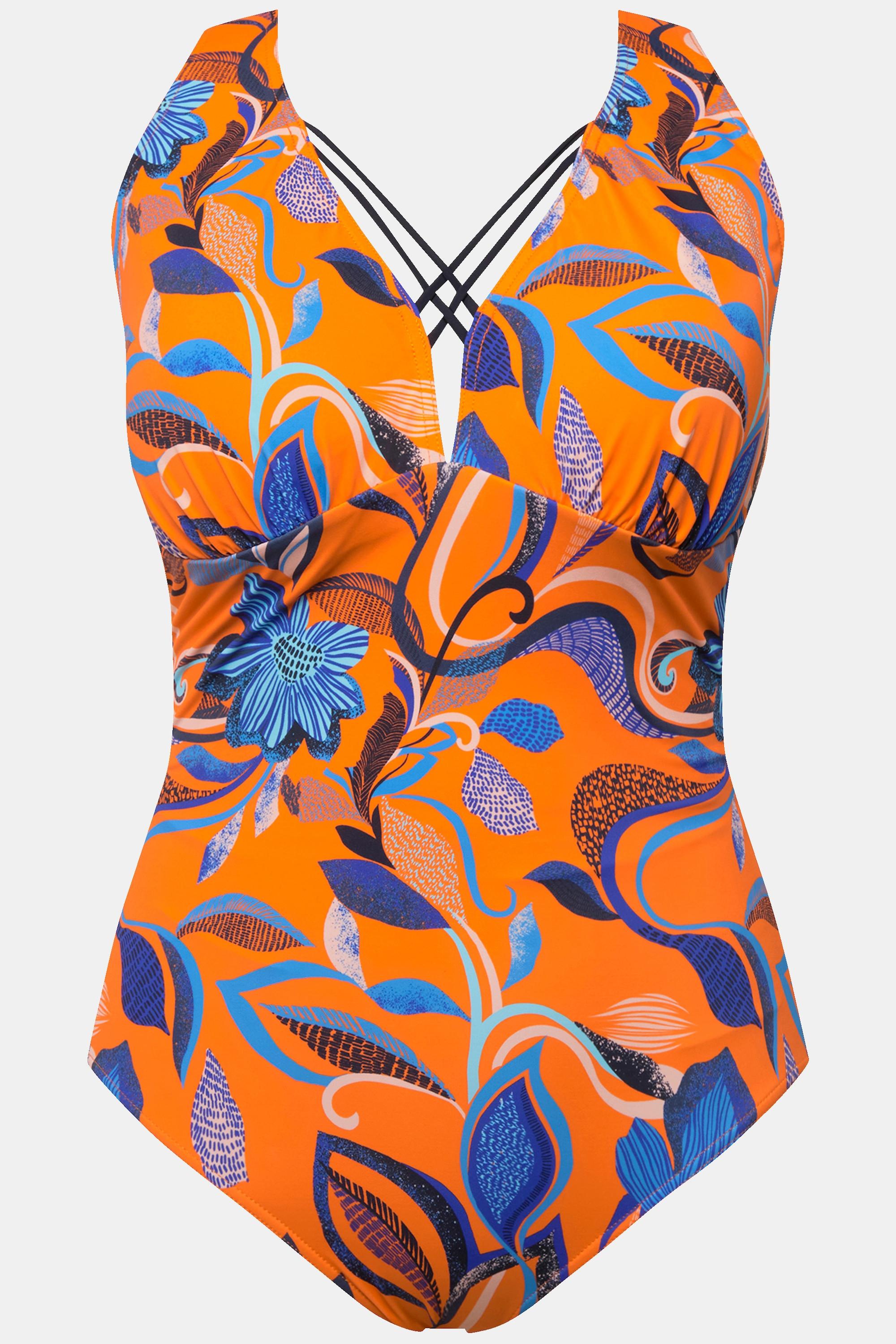 Ulla Popken Badeanzug, Blüten, Zierbänder, Softcups