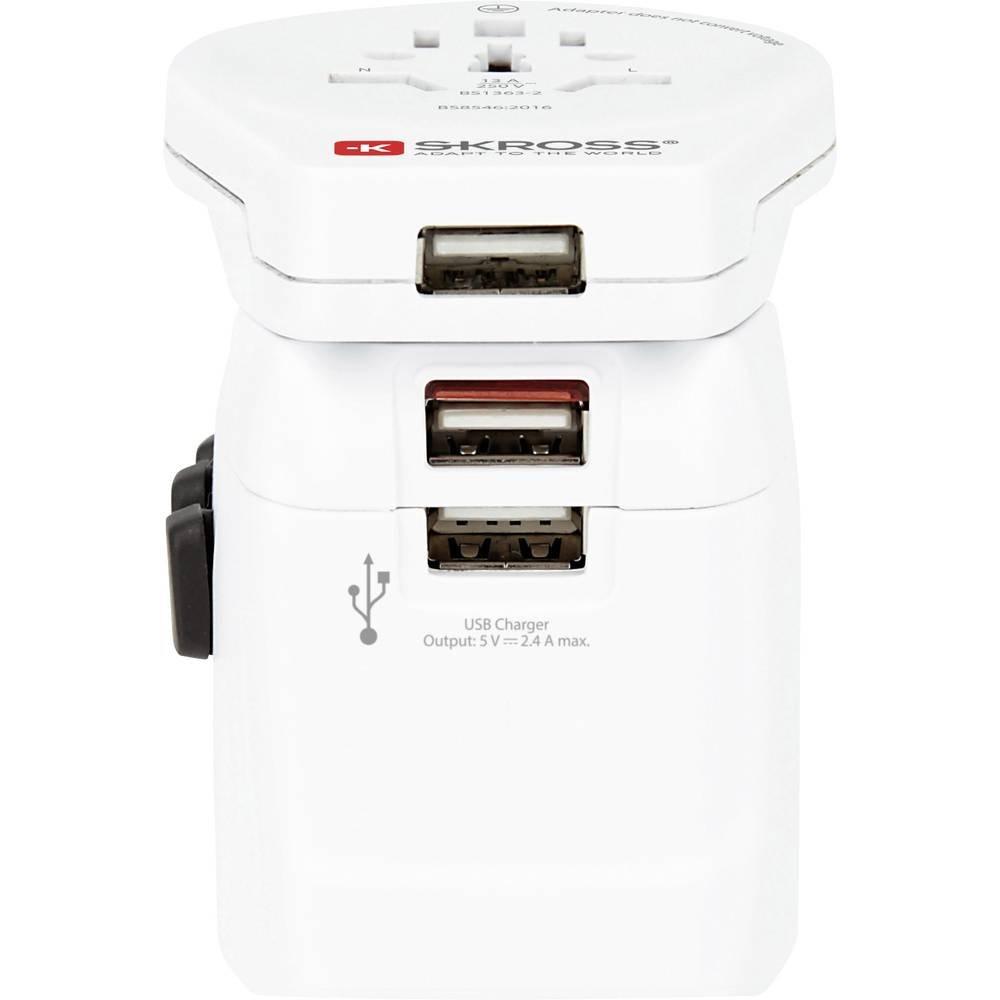 SKROSS Kraftvoller 3-poliger Weltreiseadapter mit mit 3 integrierten USB-Anschlüssen