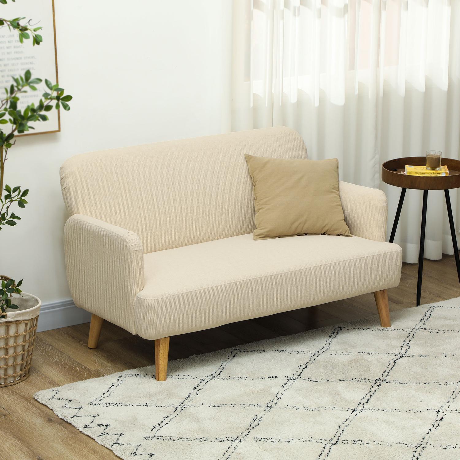 Northio 2 Sitzer Sofa, Kleine Couch mit Samtoptik, Holzbeine, Dicke Gepolsterter Polstersofa mit Armlehne für Wohnzimmer, Schlafzimmer, 130 x 74 x 79 cm, Cremeweiß