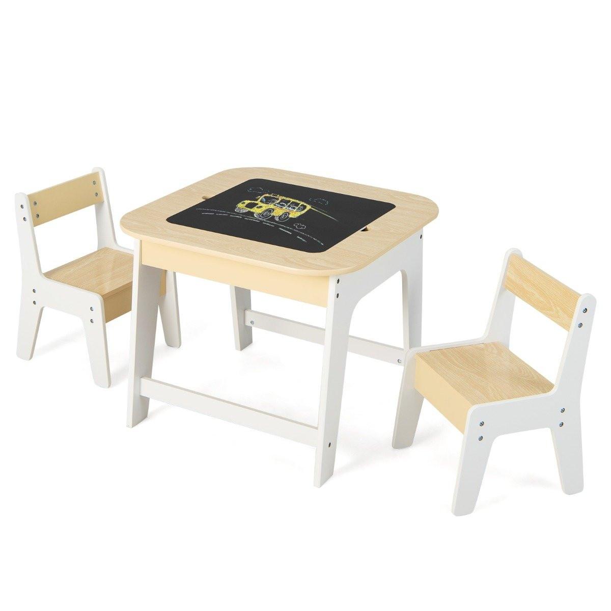 Northix Kindertisch mit 2 Stühlen 3 TLG Kindersitzgruppe Holz mit Doppelseitiger Tischplatte