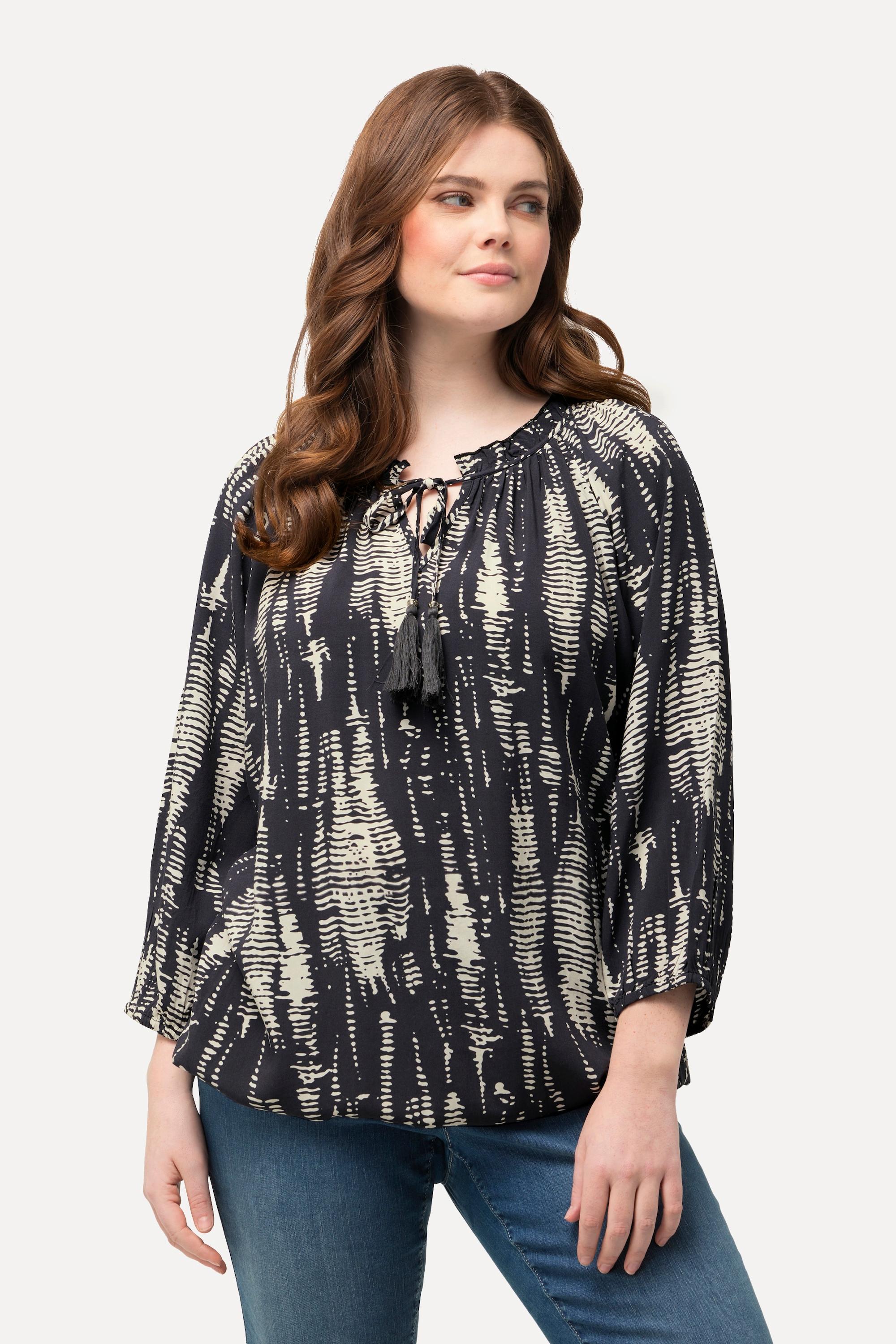 Ulla Popken Musterstreifen Rüschenbluse mit Elastiksaum und 3/4-Ärmeln