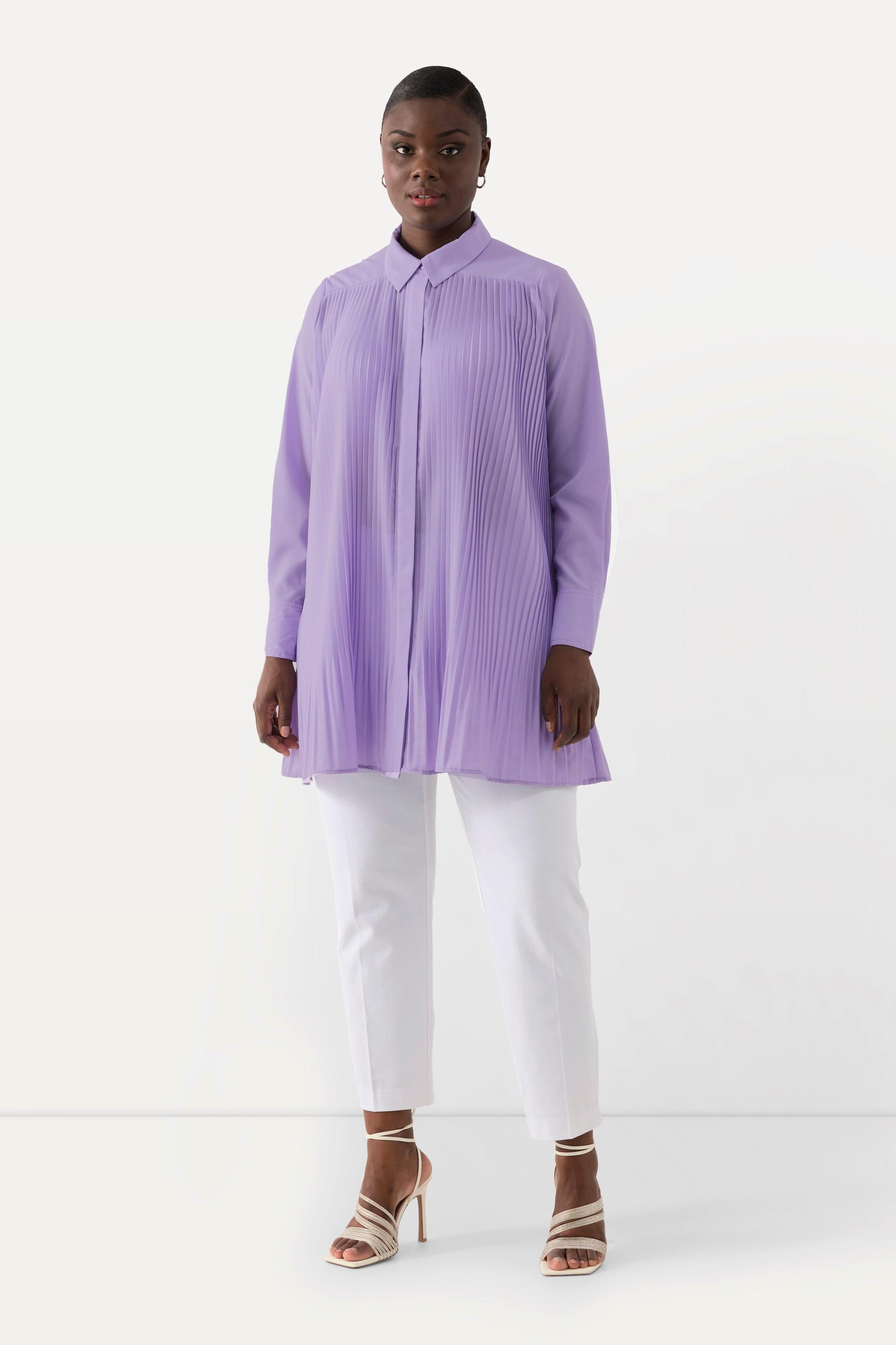 Ulla Popken Plissee A-Linie Langarm Bluse mit Hemdkragen