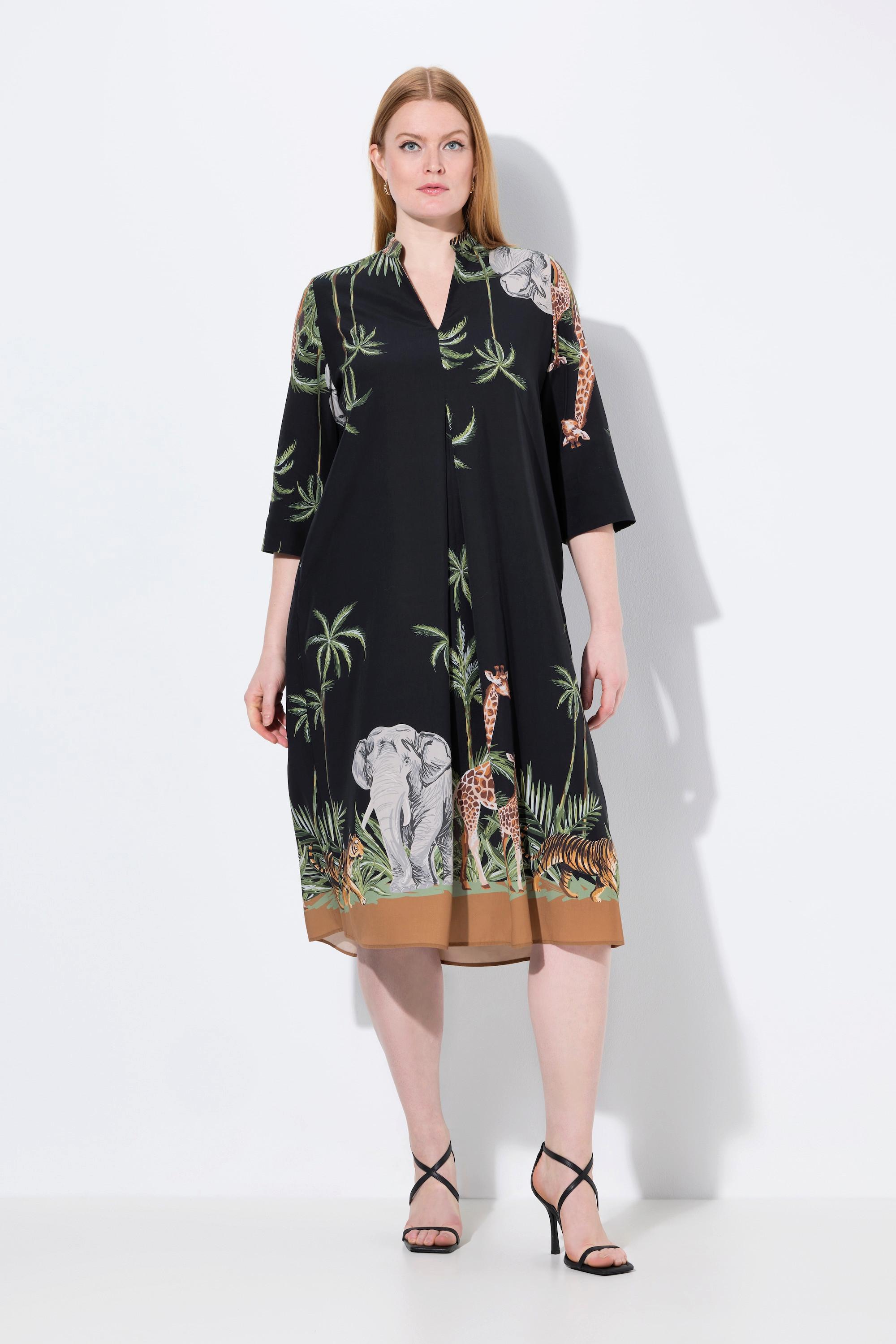 Ulla Popken Lyocell Midikleid Animal Print Hemdkragen 3/4 Arm